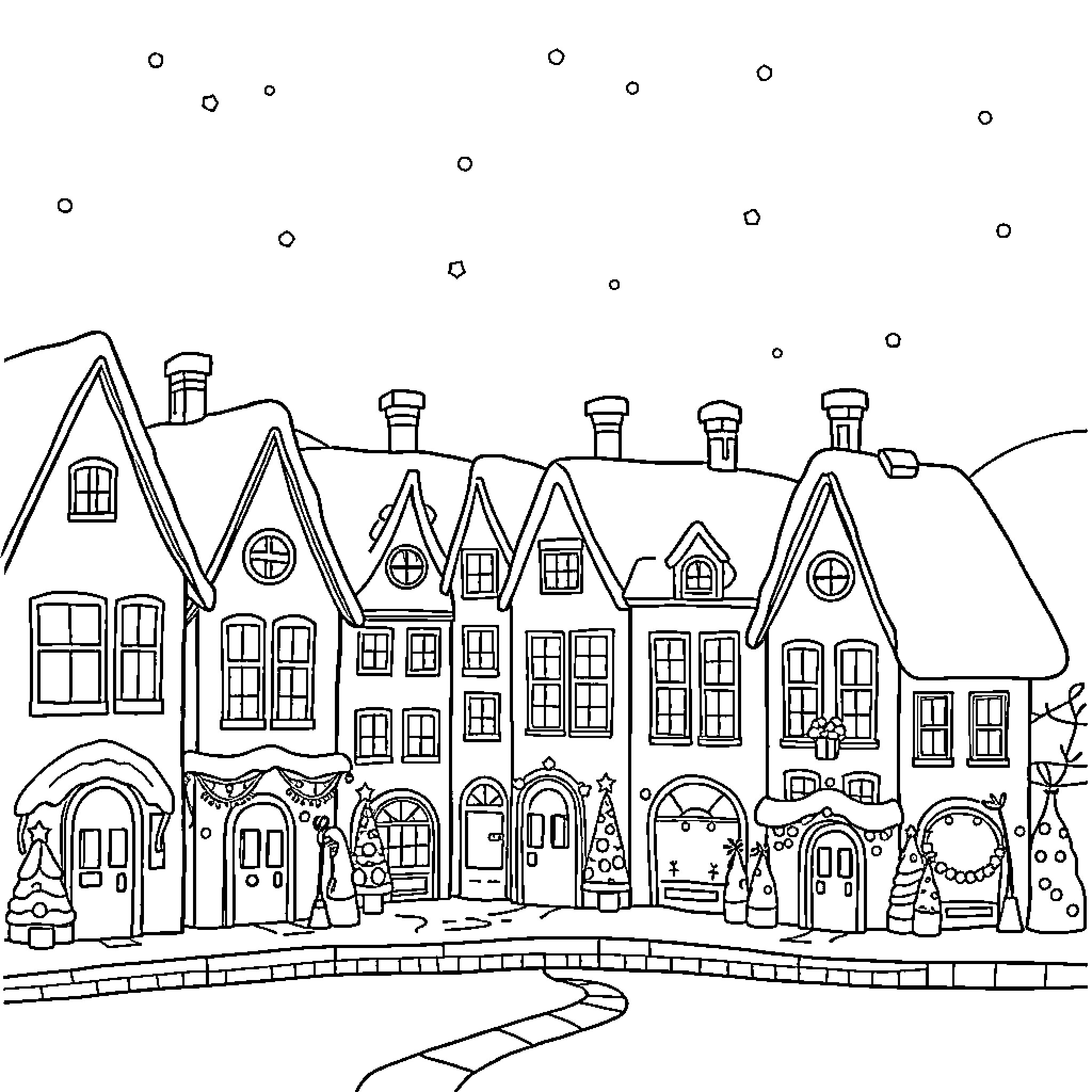 House with Snowy Roofs and Festive Decorations Coloring Page (free black-and-white line drawing printable PDF for all, from beginners to advanced learners, including children, teens, adults, and seniors)