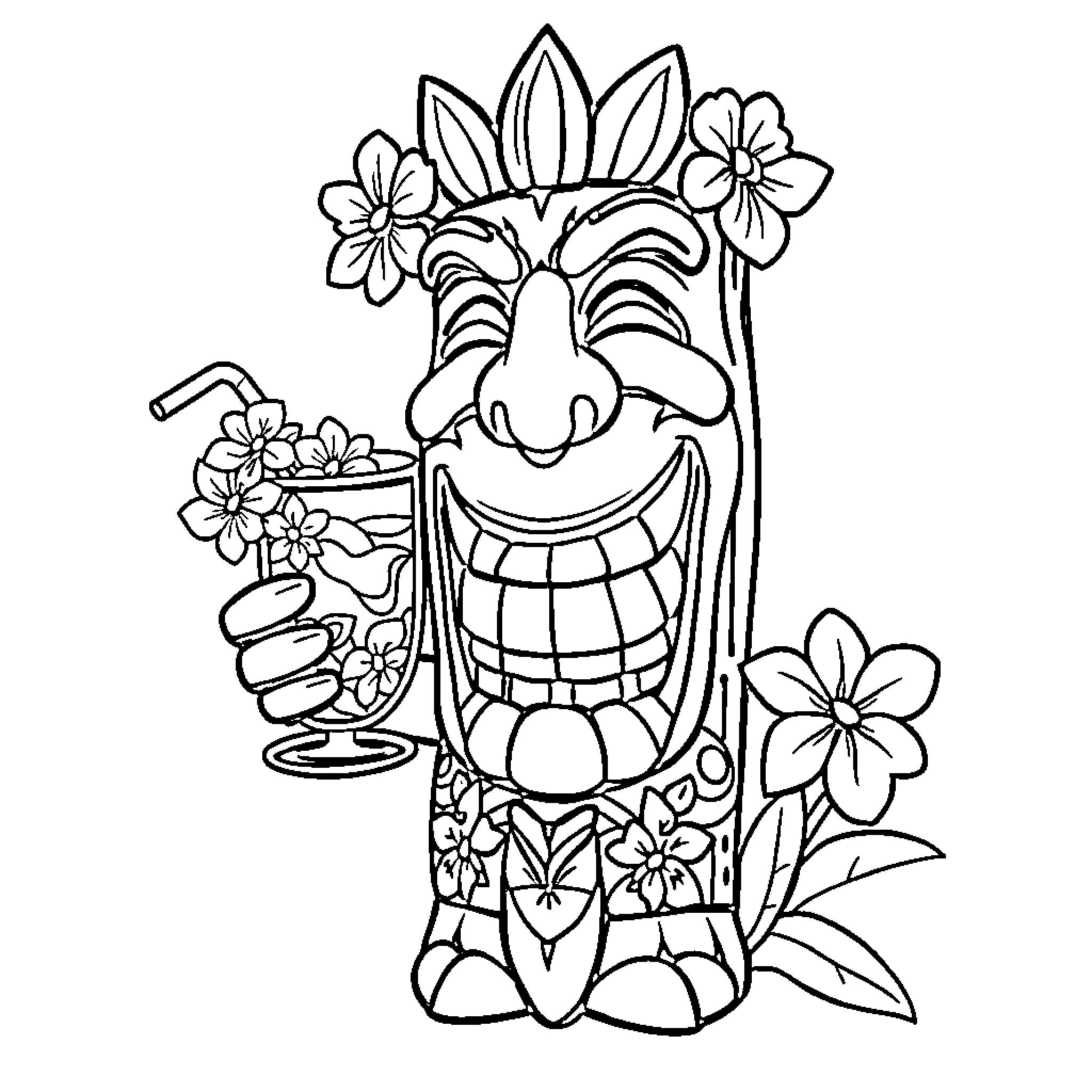 Tiki figure with floral crown and cocktail Coloring Page (free black-and-white line drawing printable PDF for all, from beginners to advanced learners, including children, teens, adults, and seniors)