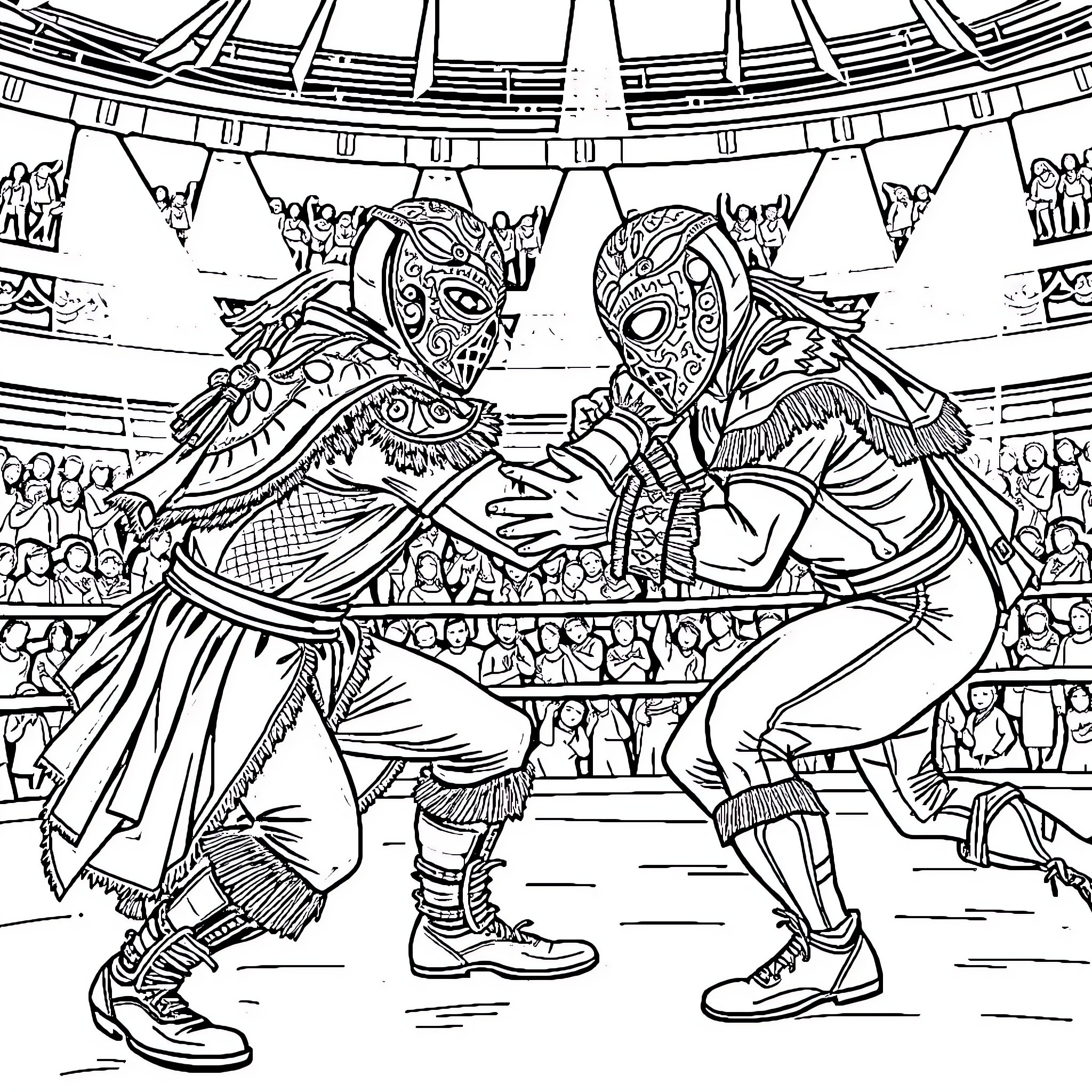 Luchador wrestlers in epic arena battle Coloring Page (free black-and-white line drawing printable PDF for all, from beginners to advanced learners, including children, teens, adults, and seniors)
