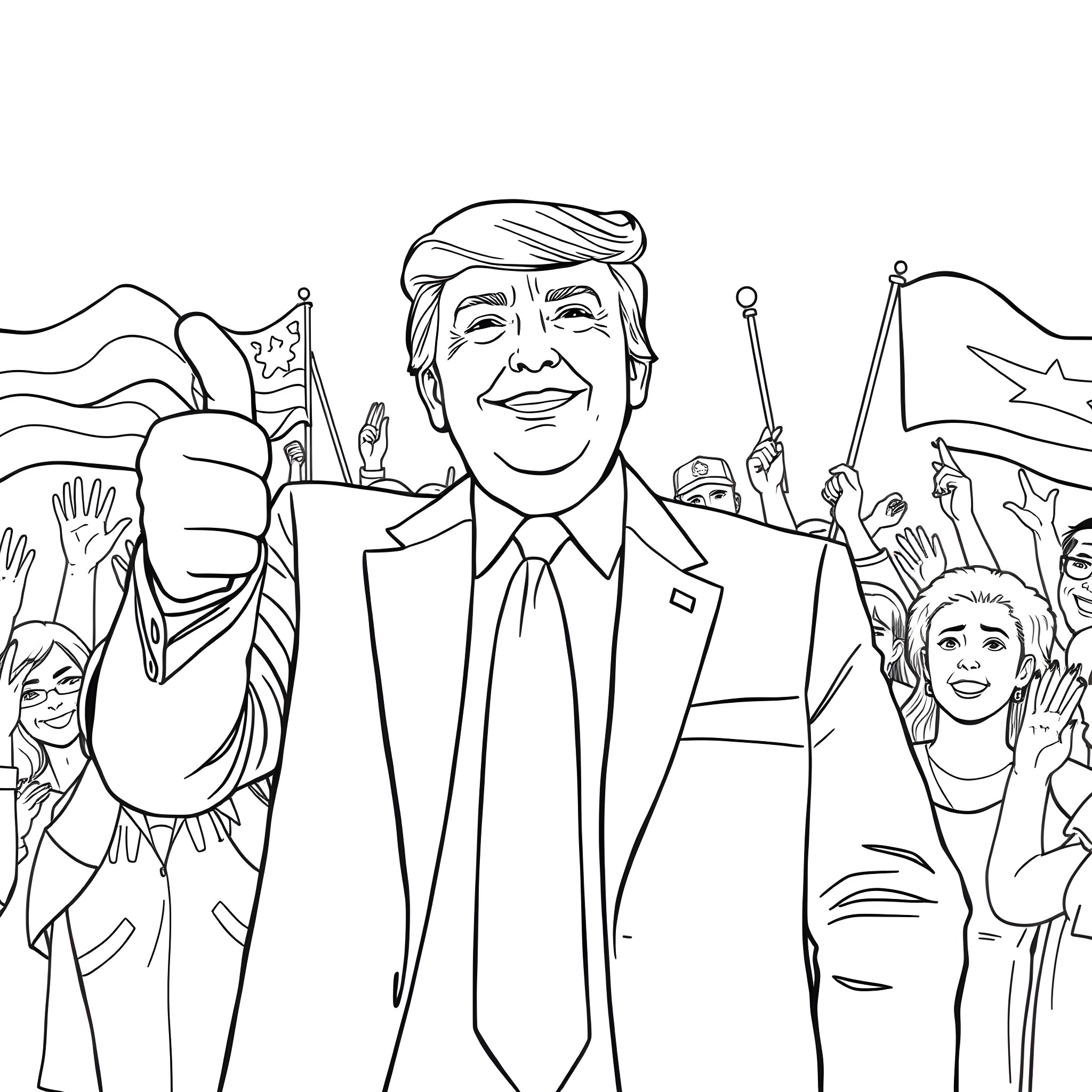 Donald Trump Addressing Enthusiastic Supporters Coloring Page (free black-and-white line drawing printable PDF for all, from beginners to advanced learners, including children, teens, adults, and seniors)