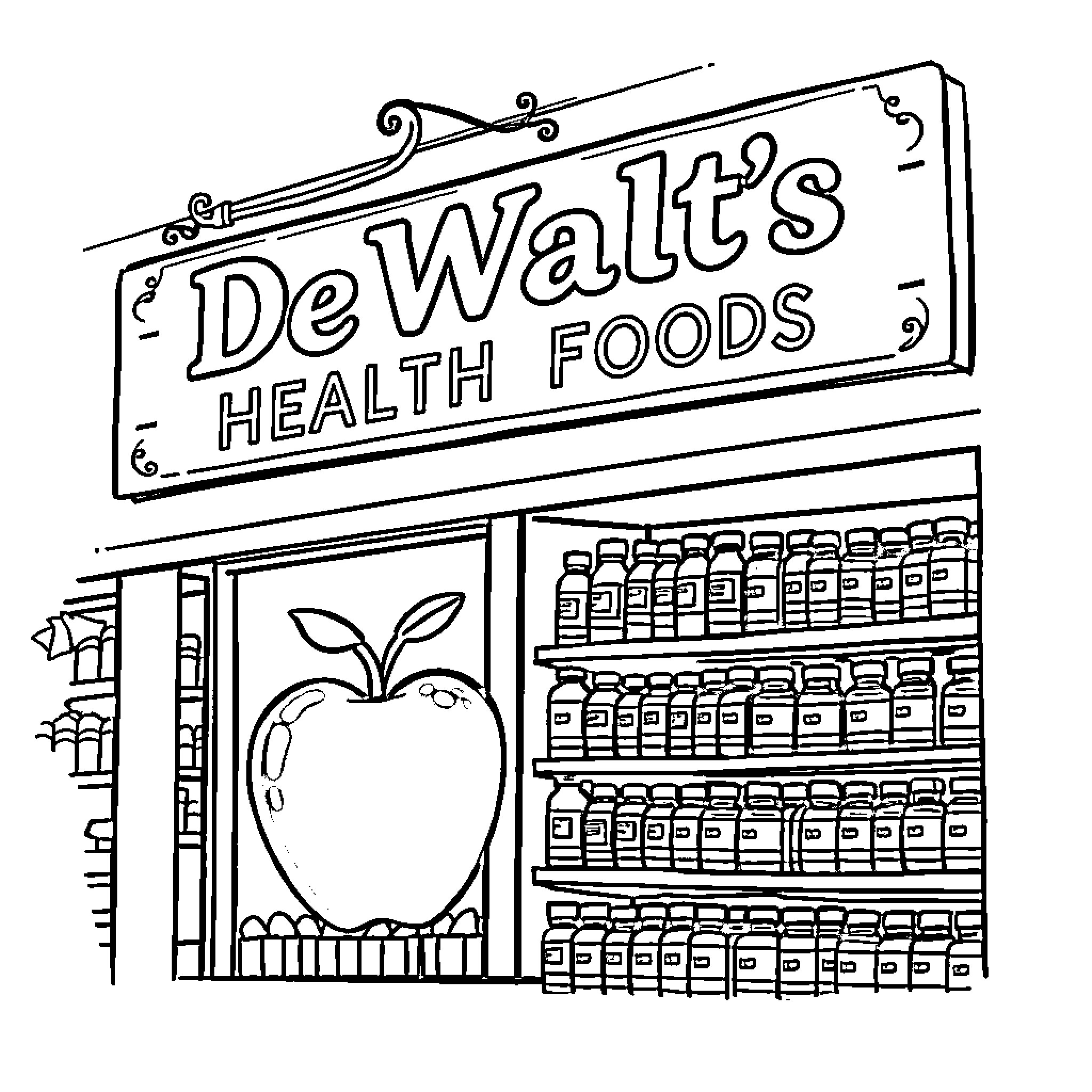 Health Food Store with Shelves of Healthy Products Coloring Page (free black-and-white line drawing printable PDF for all, from beginners to advanced learners, including children, teens, adults, and seniors)
