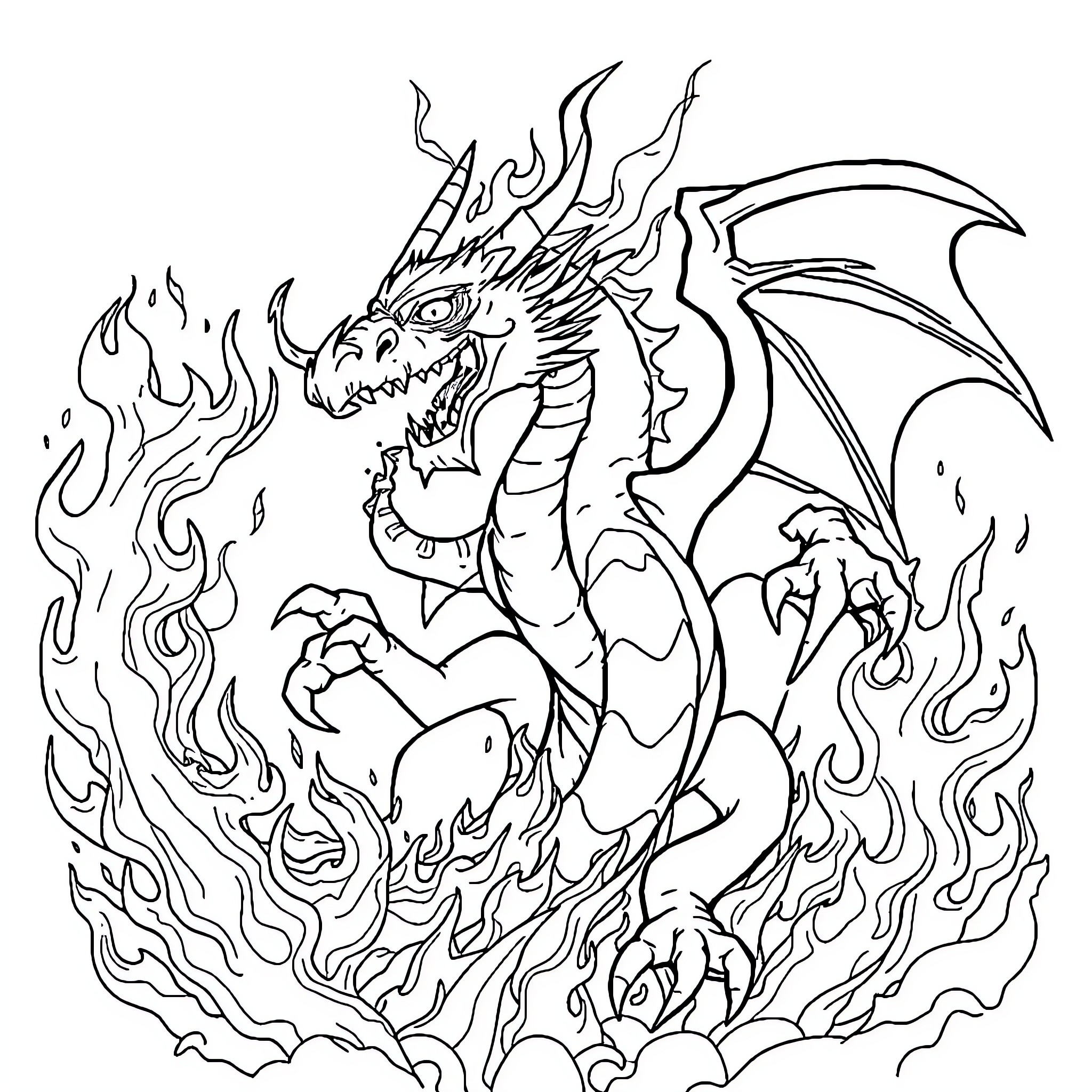 Dragon Breathing Fire and Releasing Flames Coloring Page (free black-and-white line drawing printable PDF for all, from beginners to advanced learners, including children, teens, adults, and seniors)