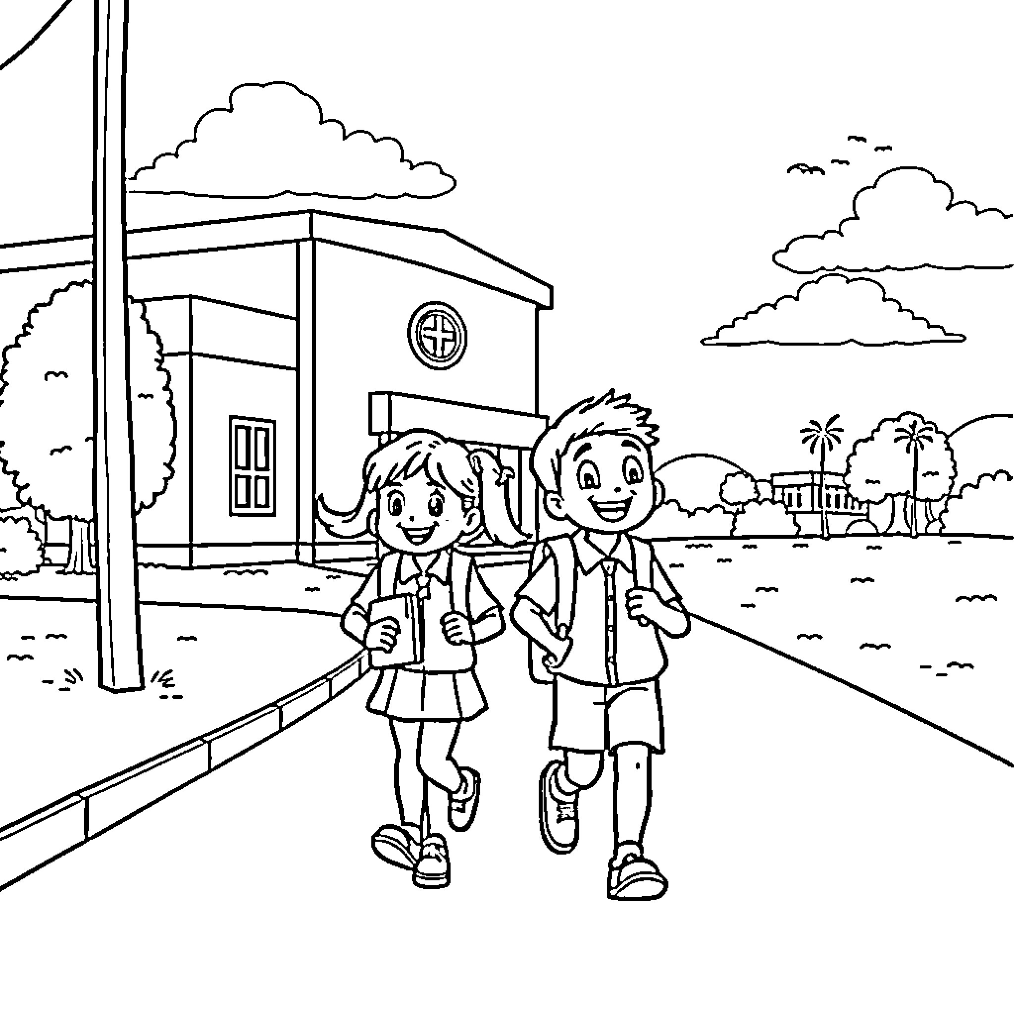 Bluey and Bingo walking to school Coloring Page (free black-and-white line drawing printable PDF for all, from beginners to advanced learners, including children, teens, adults, and seniors)