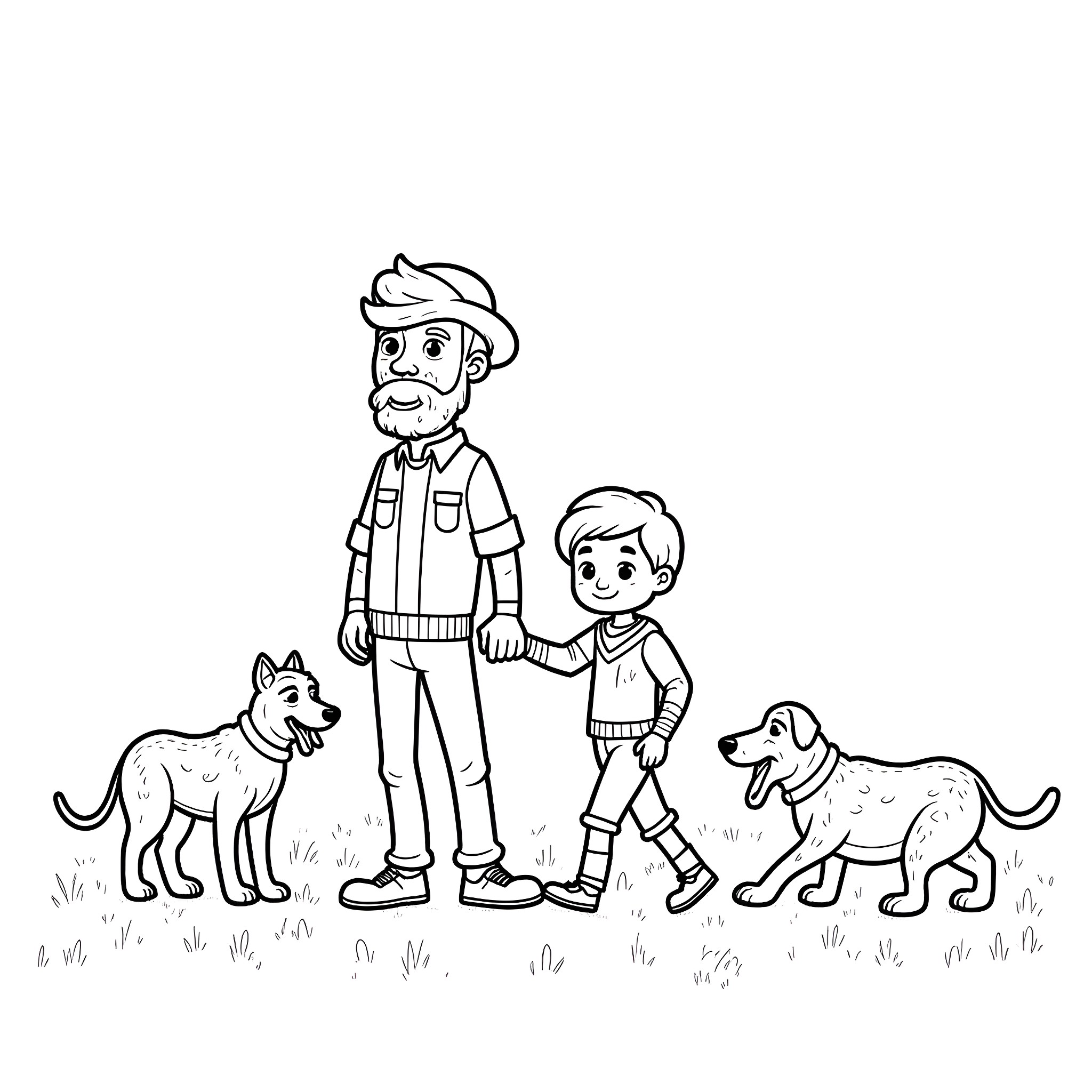 Man and child walking dogs in the park Coloring Page (free black-and-white line drawing printable PDF for all, from beginners to advanced learners, including children, teens, adults, and seniors)