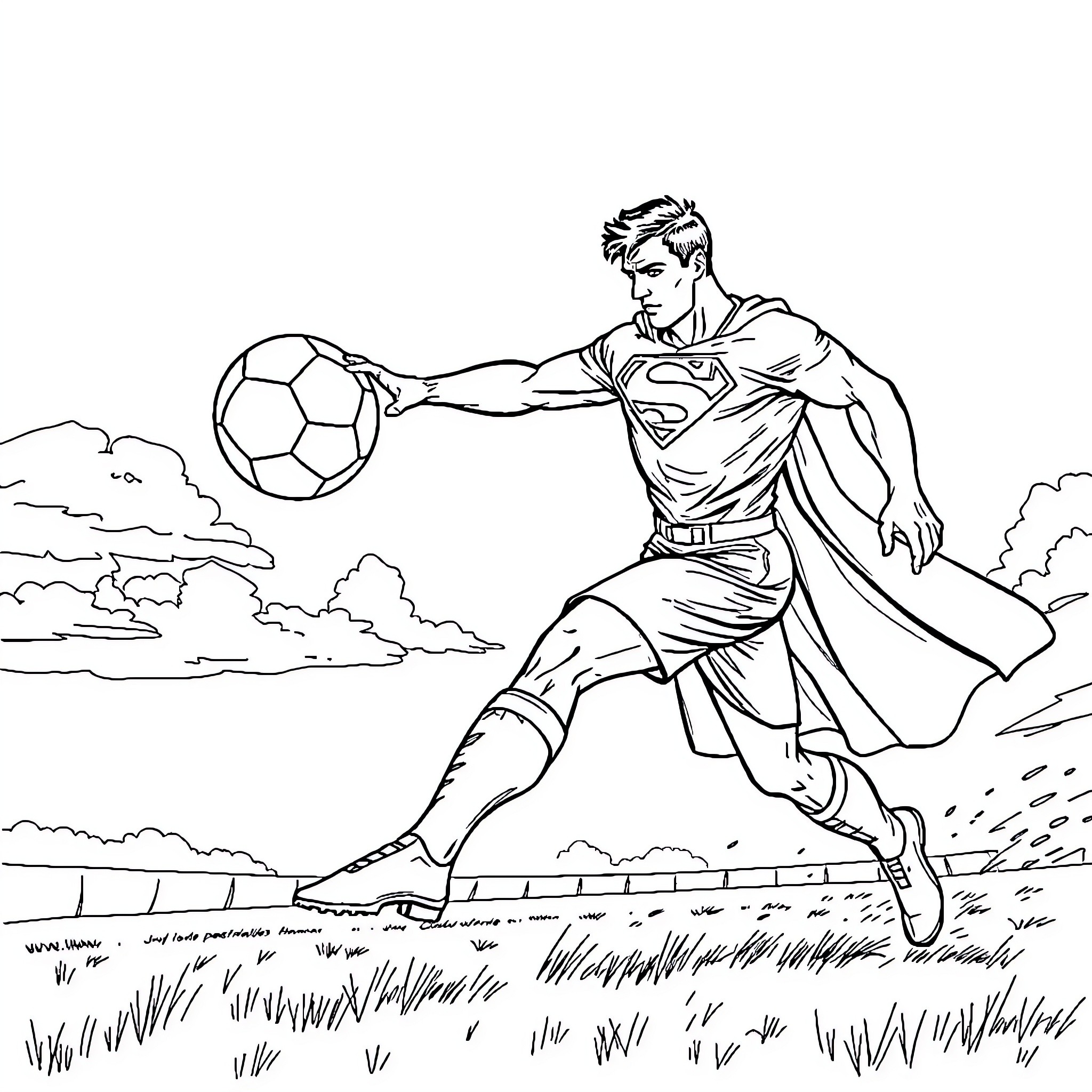 Superman kicking a soccer ball through the clouds Coloring Page (free black-and-white line drawing printable PDF for all, from beginners to advanced learners, including children, teens, adults, and seniors)