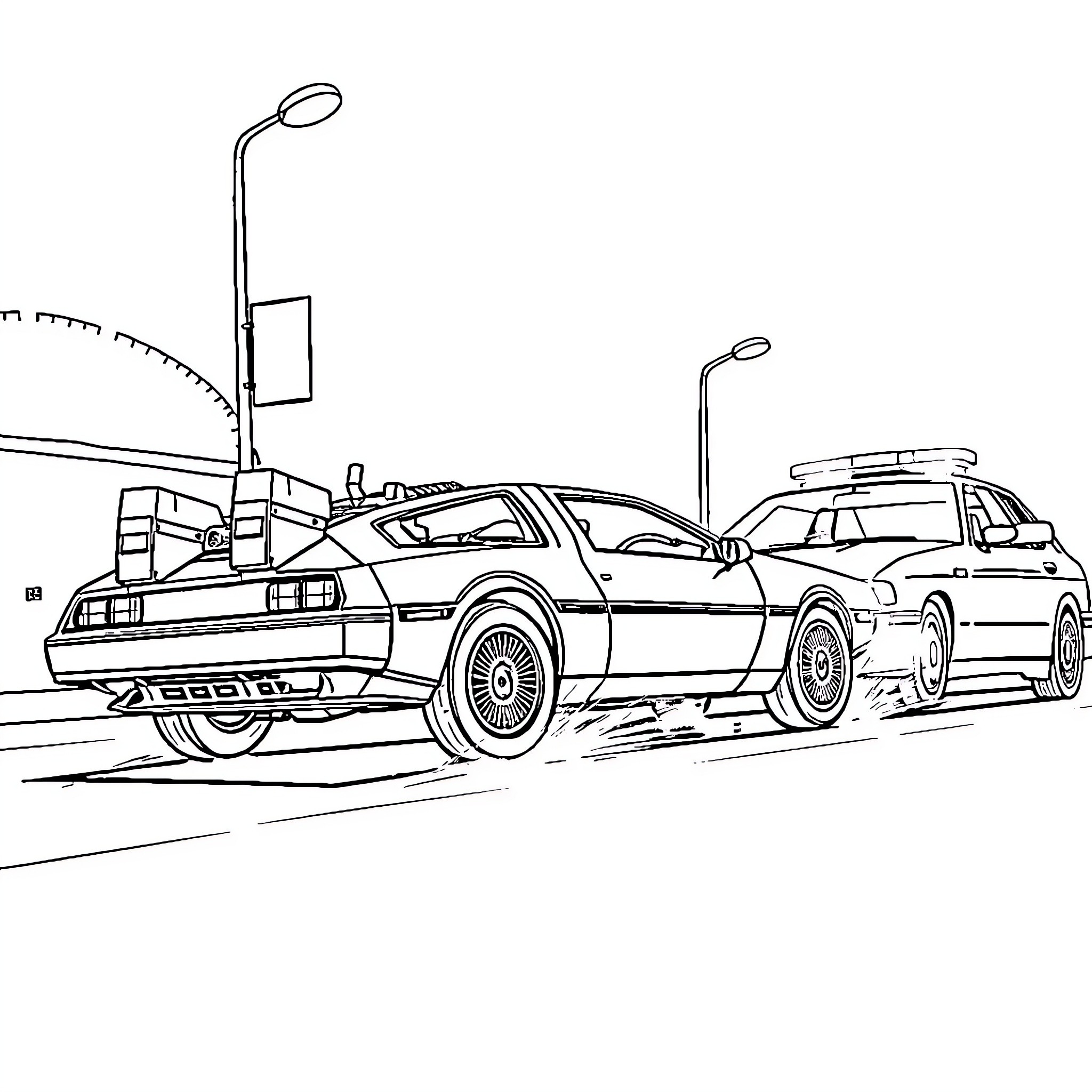 DeLorean time machines in action scene Coloring Page (free black-and-white line drawing printable PDF for all, from beginners to advanced learners, including children, teens, adults, and seniors)