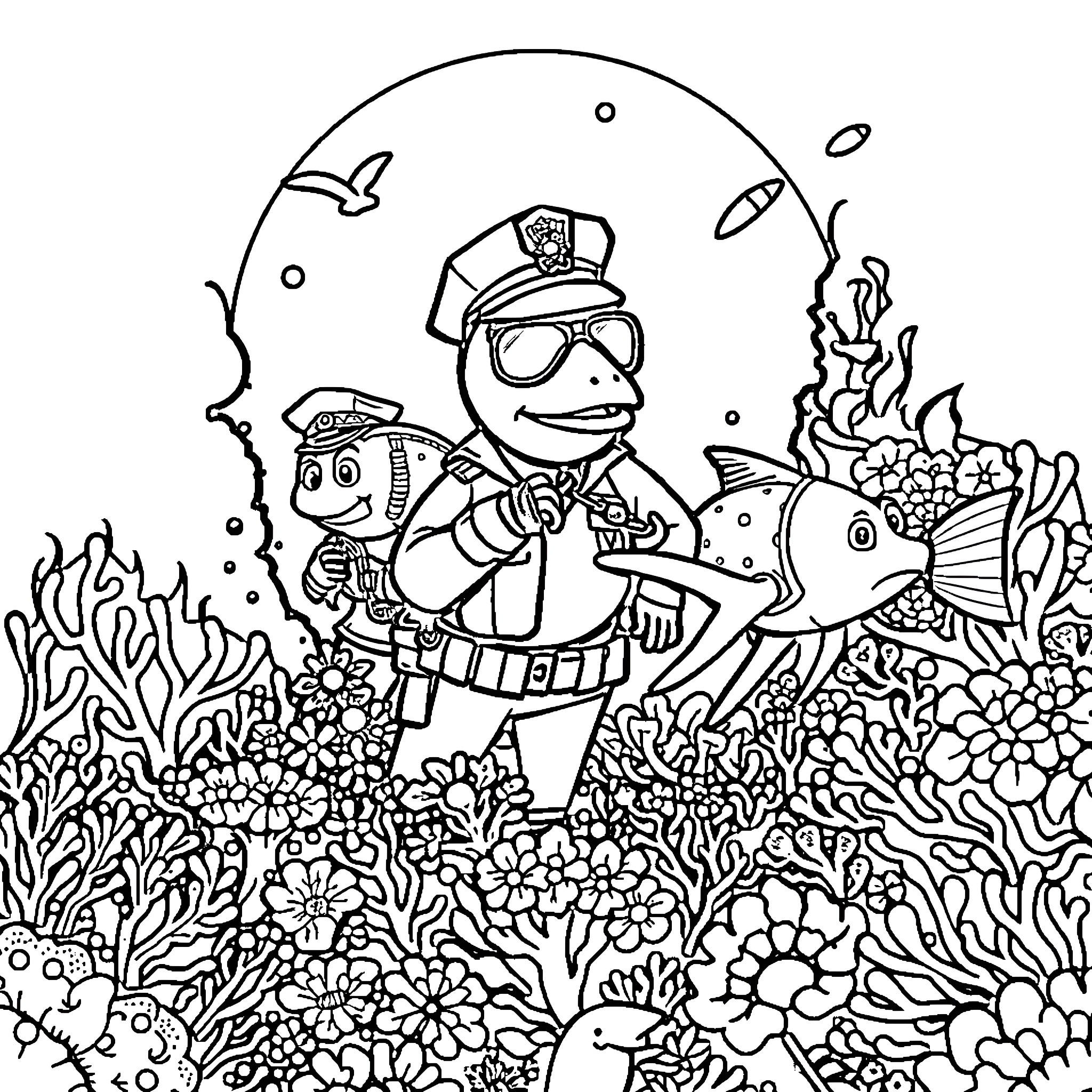 Sea Creature Officers Exploring Coral Reef Coloring Page (free black-and-white line drawing printable PDF for all, from beginners to advanced learners, including children, teens, adults, and seniors)