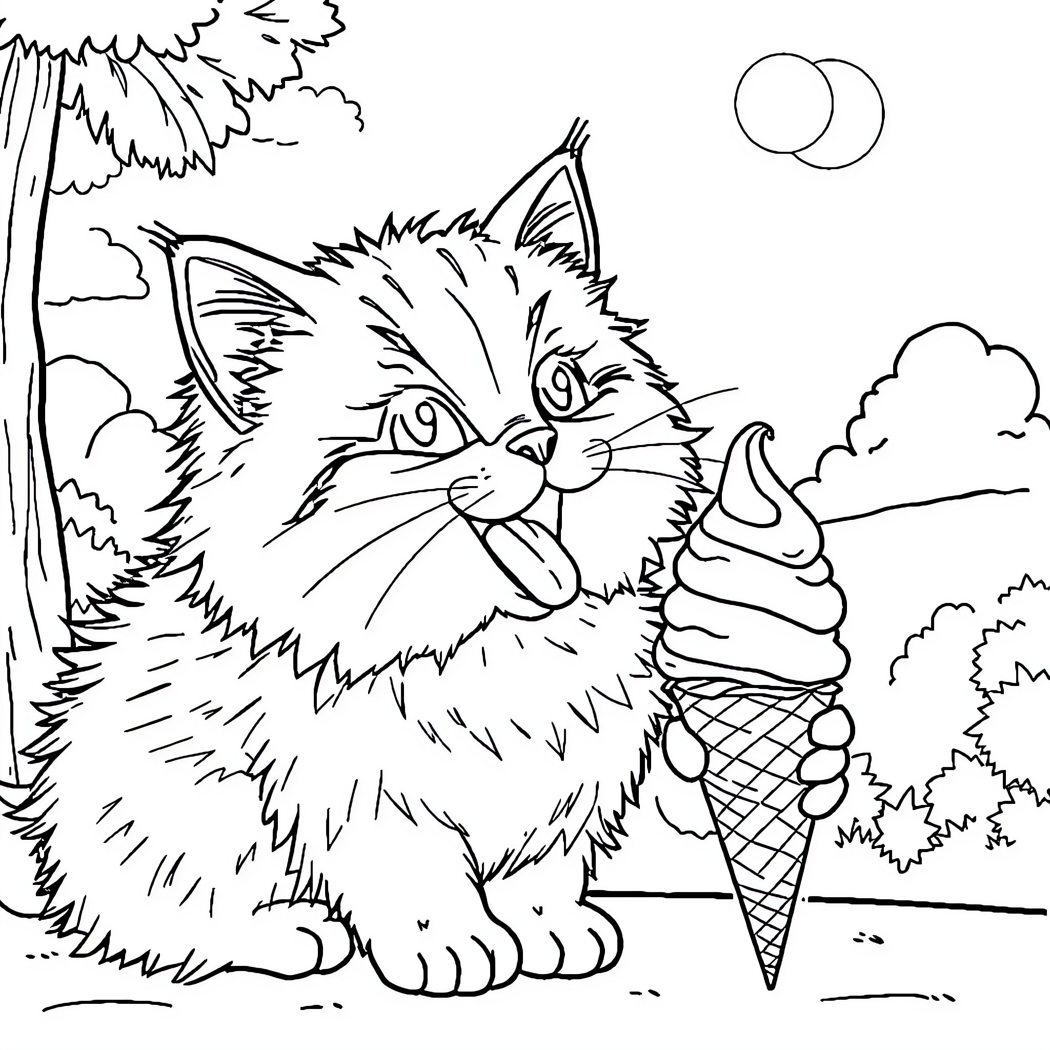 Cat enjoying an ice cream cone outdoors Coloring Page (free black-and-white line drawing printable PDF for all, from beginners to advanced learners, including children, teens, adults, and seniors)