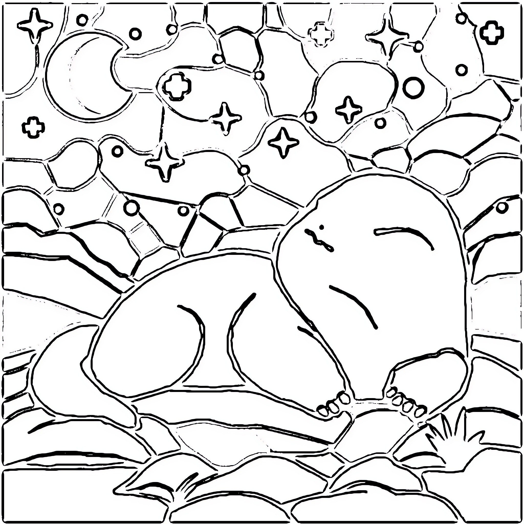Snorlax sleeping under the starry night sky Coloring Page (free black-and-white line drawing printable PDF for all, from beginners to advanced learners, including children, teens, adults, and seniors)