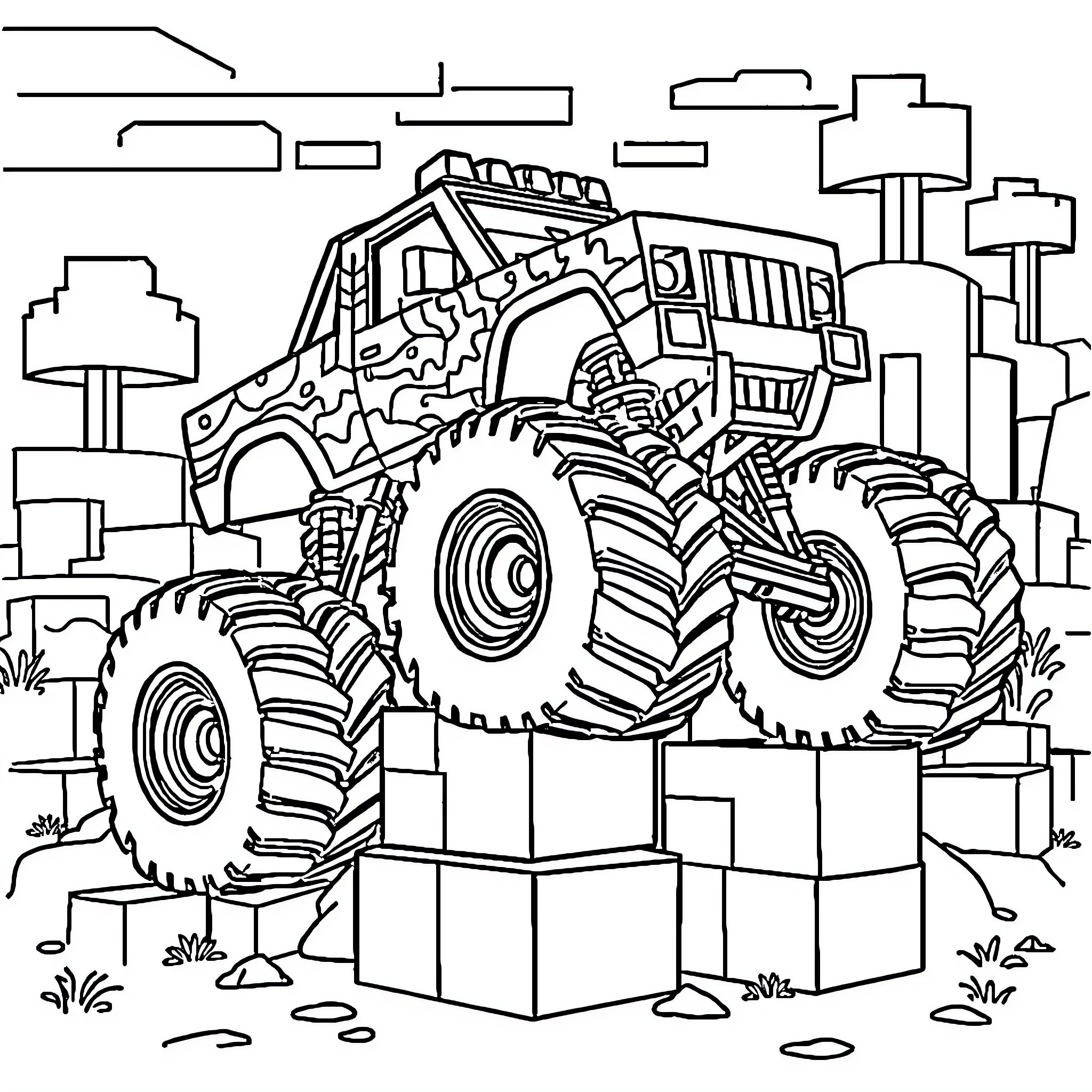 Monster Truck Crushing Through the City Coloring Page (free black-and-white line drawing printable PDF for all, from beginners to advanced learners, including children, teens, adults, and seniors)
