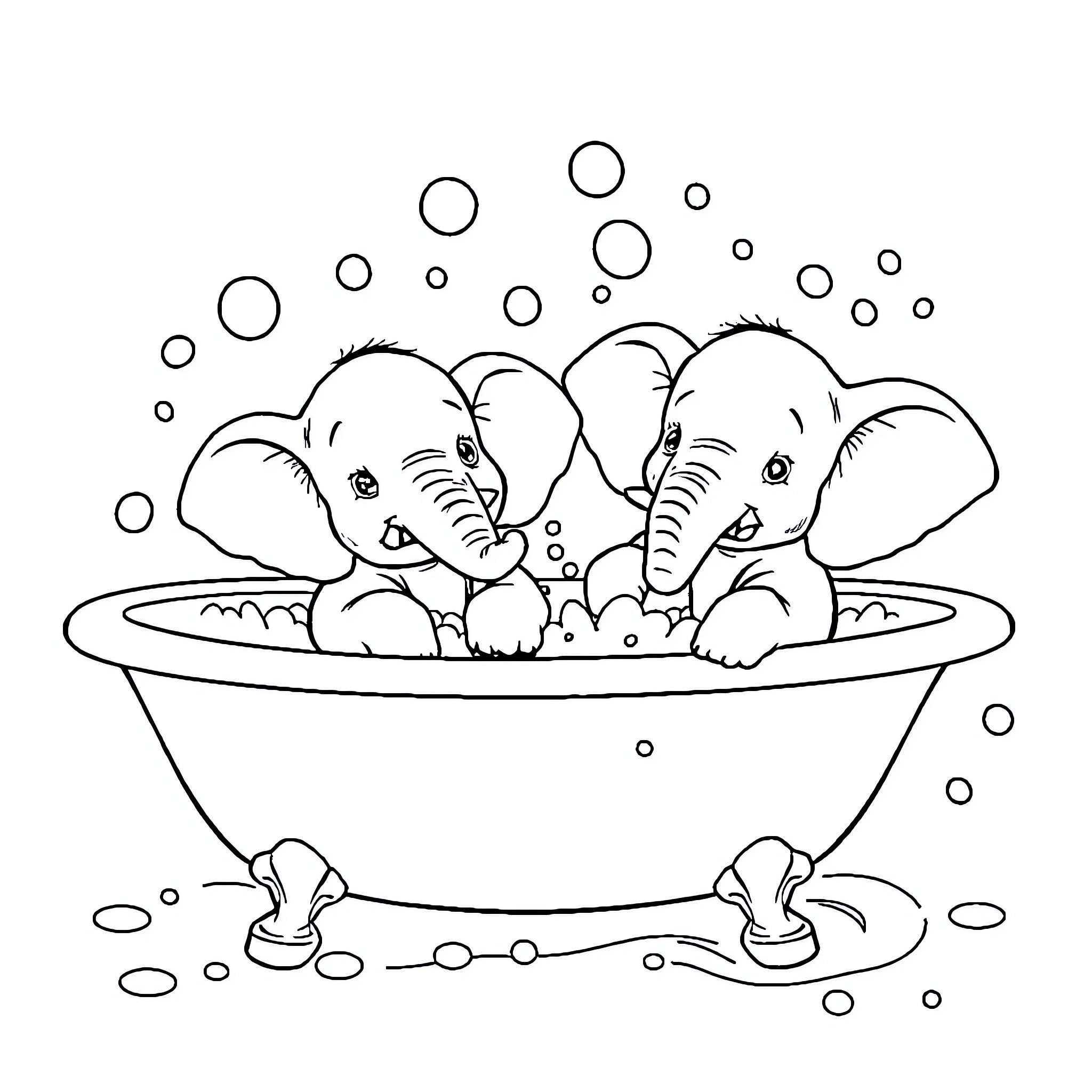 Elephant Bathing Happily in Bubbly Tub Coloring Page (free black-and-white line drawing printable PDF for all, from beginners to advanced learners, including children, teens, adults, and seniors)