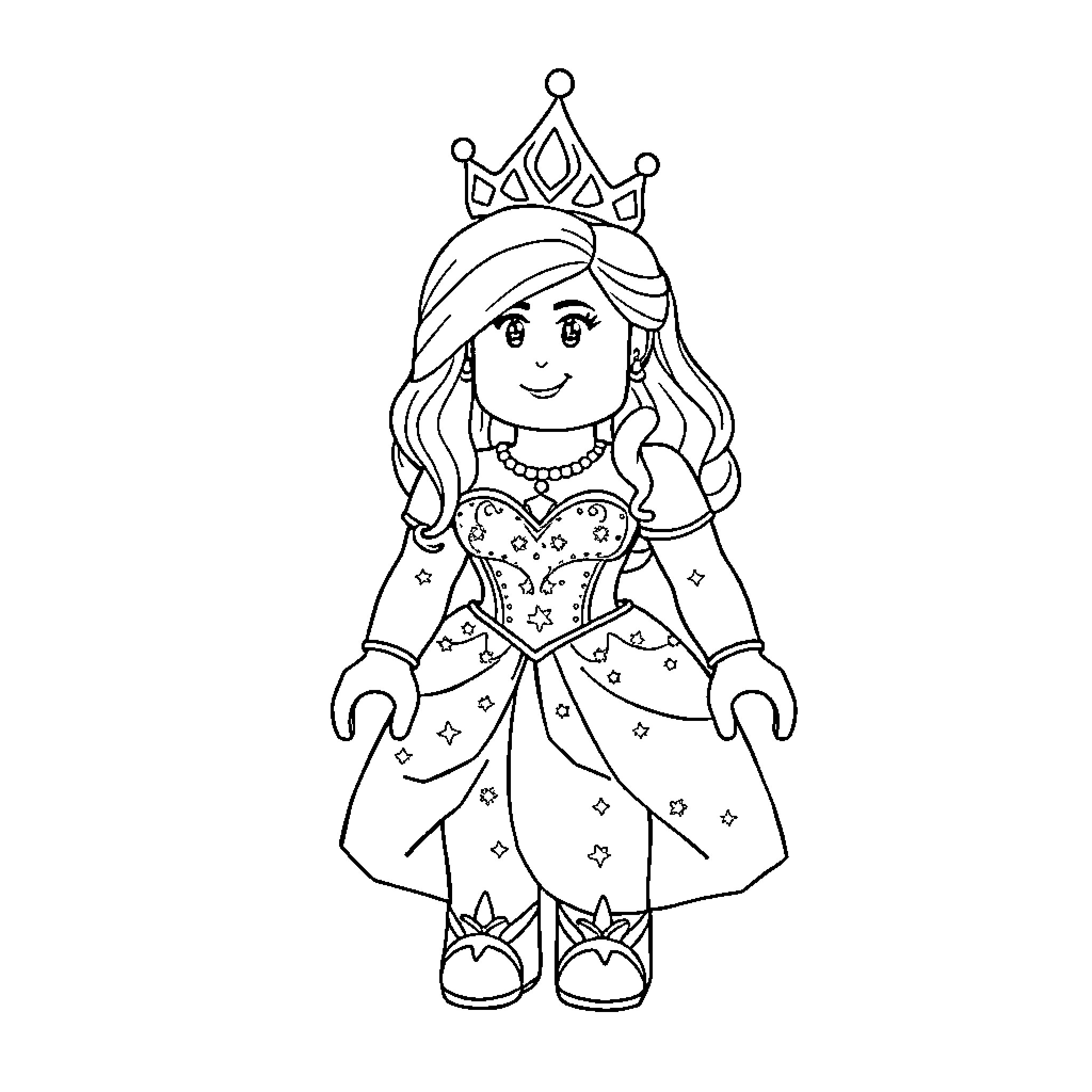 Roblox Character as a Whimsical Princess Coloring Page (free black-and-white line drawing printable PDF for all, from beginners to advanced learners, including children, teens, adults, and seniors)