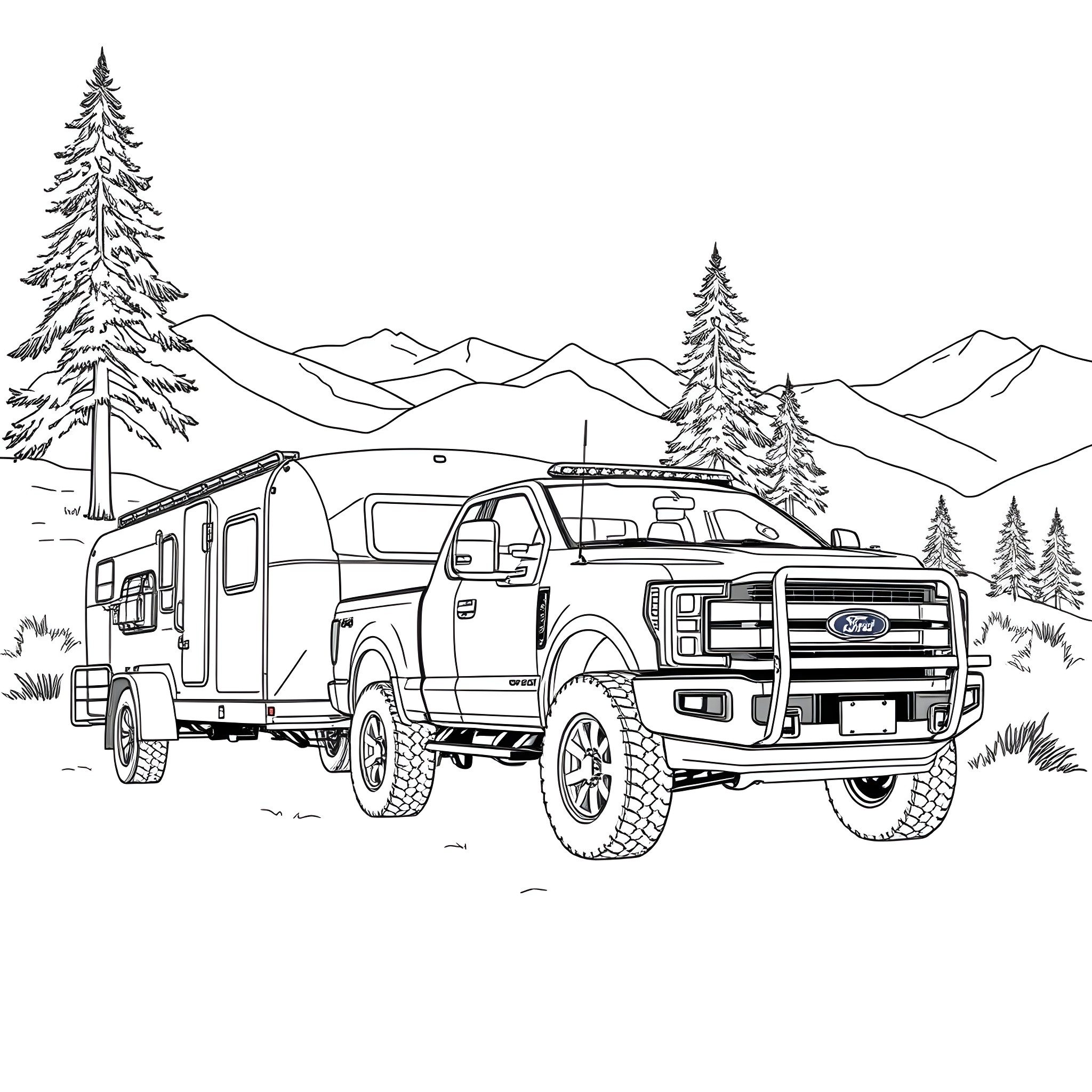 Pickup truck camping in scenic mountain landscape Coloring Page (free black-and-white line drawing printable PDF for all, from beginners to advanced learners, including children, teens, adults, and seniors)