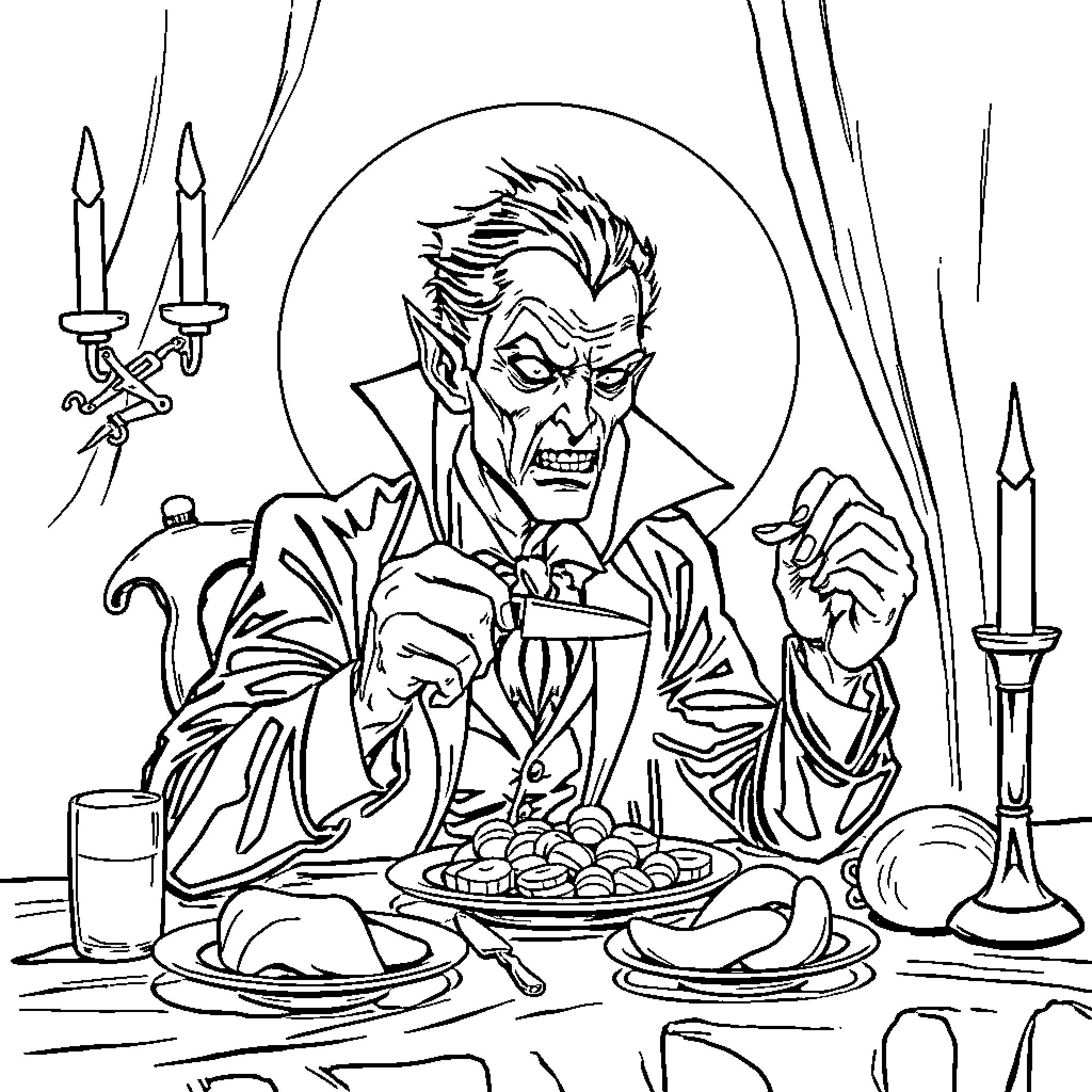 Vampire enjoying a sinister meal in a dimly lit room Coloring Page (free black-and-white line drawing printable PDF for all, from beginners to advanced learners, including children, teens, adults, and seniors)