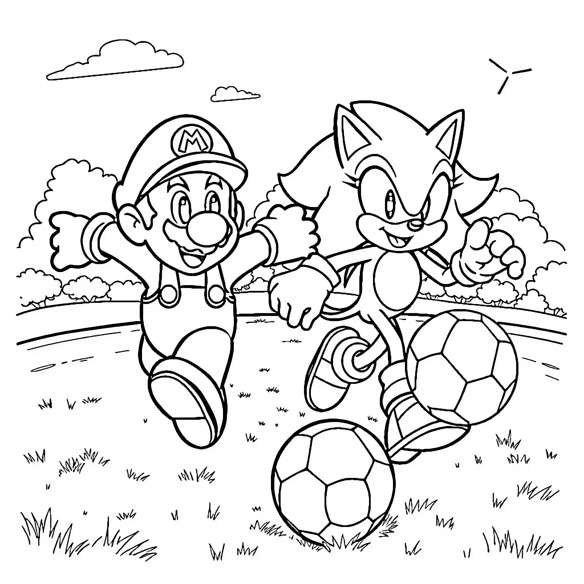 Mario and Sonic Playfully Kicking Soccer Balls Coloring Page (free black-and-white line drawing printable PDF for all, from beginners to advanced learners, including children, teens, adults, and seniors)