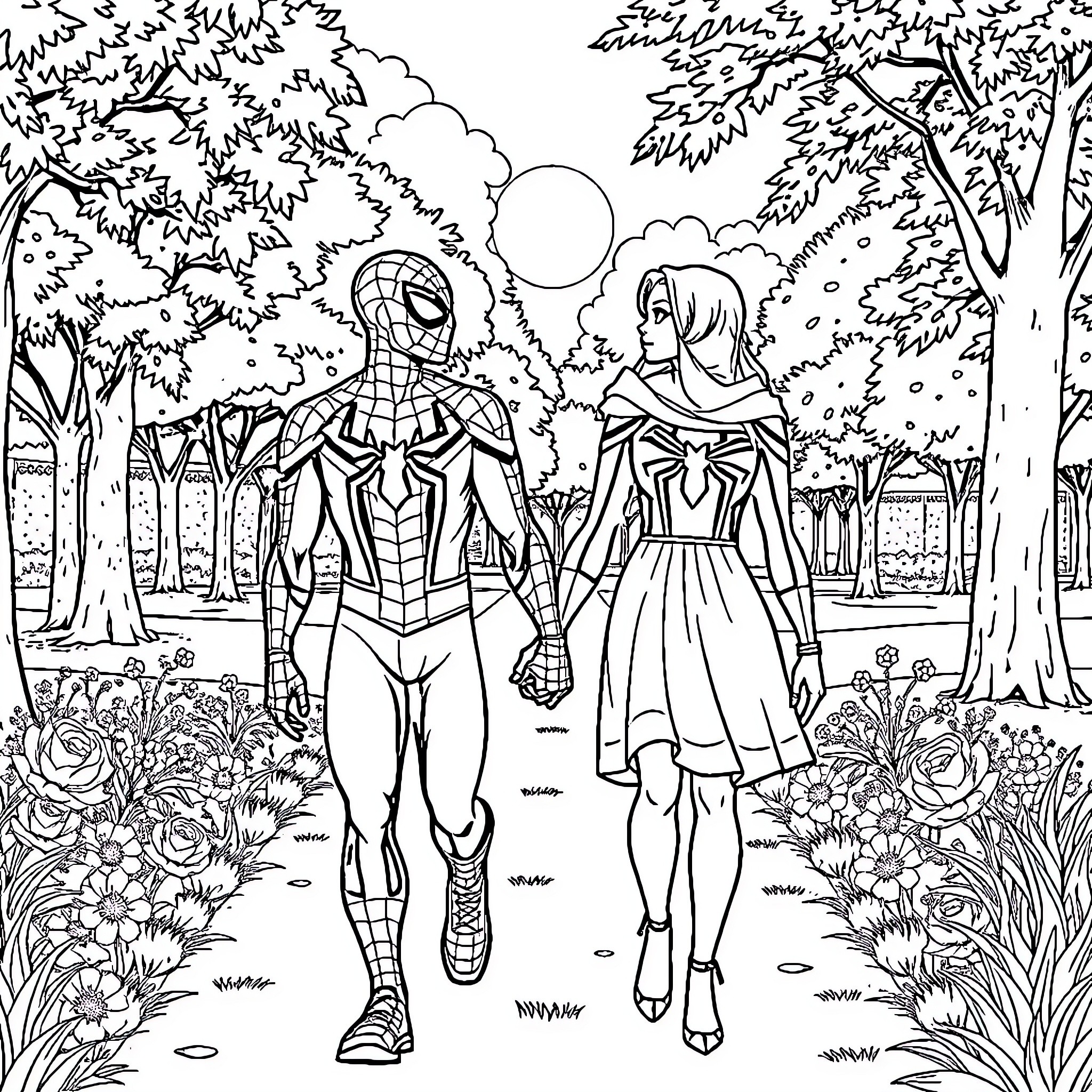 Spiderman and companion walk through a flowery forest Coloring Page (free black-and-white line drawing printable PDF for all, from beginners to advanced learners, including children, teens, adults, and seniors)