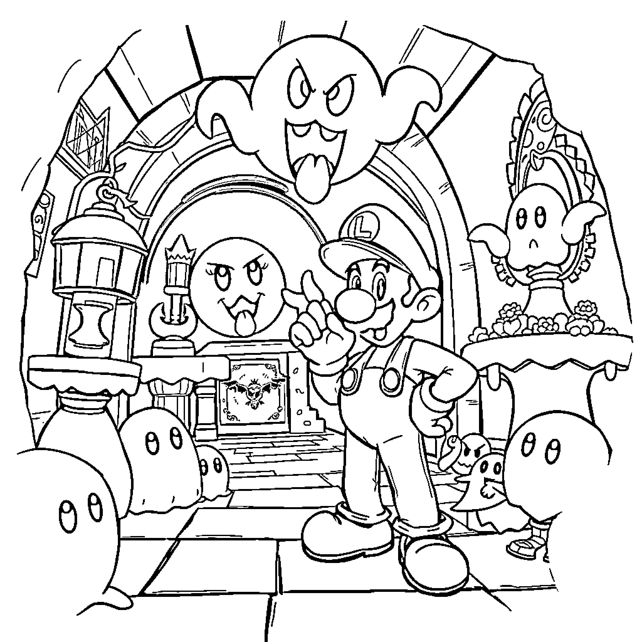 Luigi's Spooky Mansion Adventure Coloring Page (free black-and-white line drawing printable PDF for all, from beginners to advanced learners, including children, teens, adults, and seniors)
