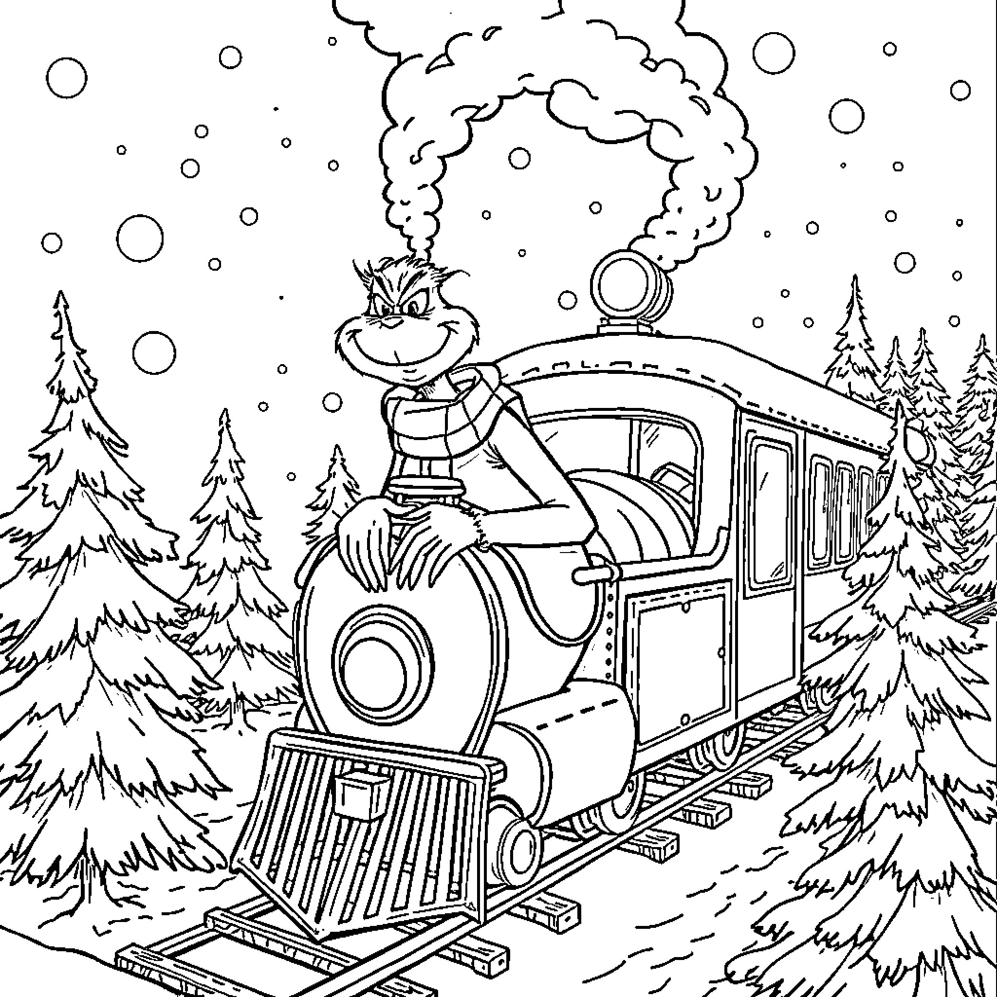 Grinch riding a festive train in the snowy forest Coloring Page (free black-and-white line drawing printable PDF for all, from beginners to advanced learners, including children, teens, adults, and seniors)