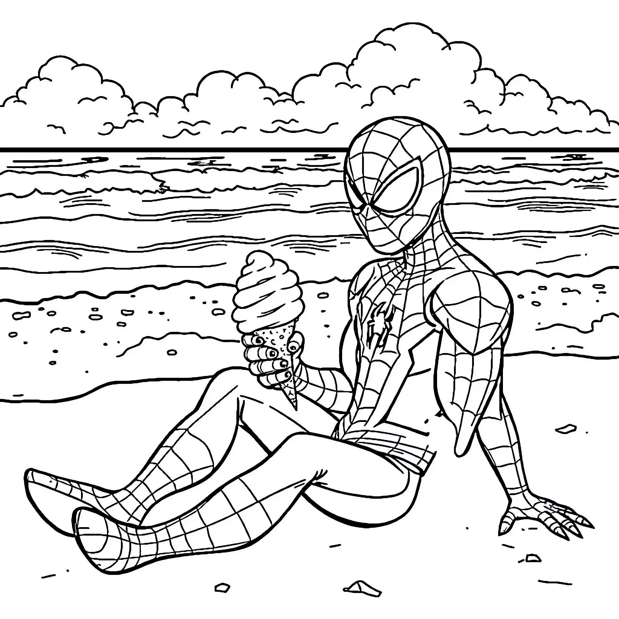 Spiderman resting on the beach under the cloudy sky Coloring Page (free black-and-white line drawing printable PDF for all, from beginners to advanced learners, including children, teens, adults, and seniors)