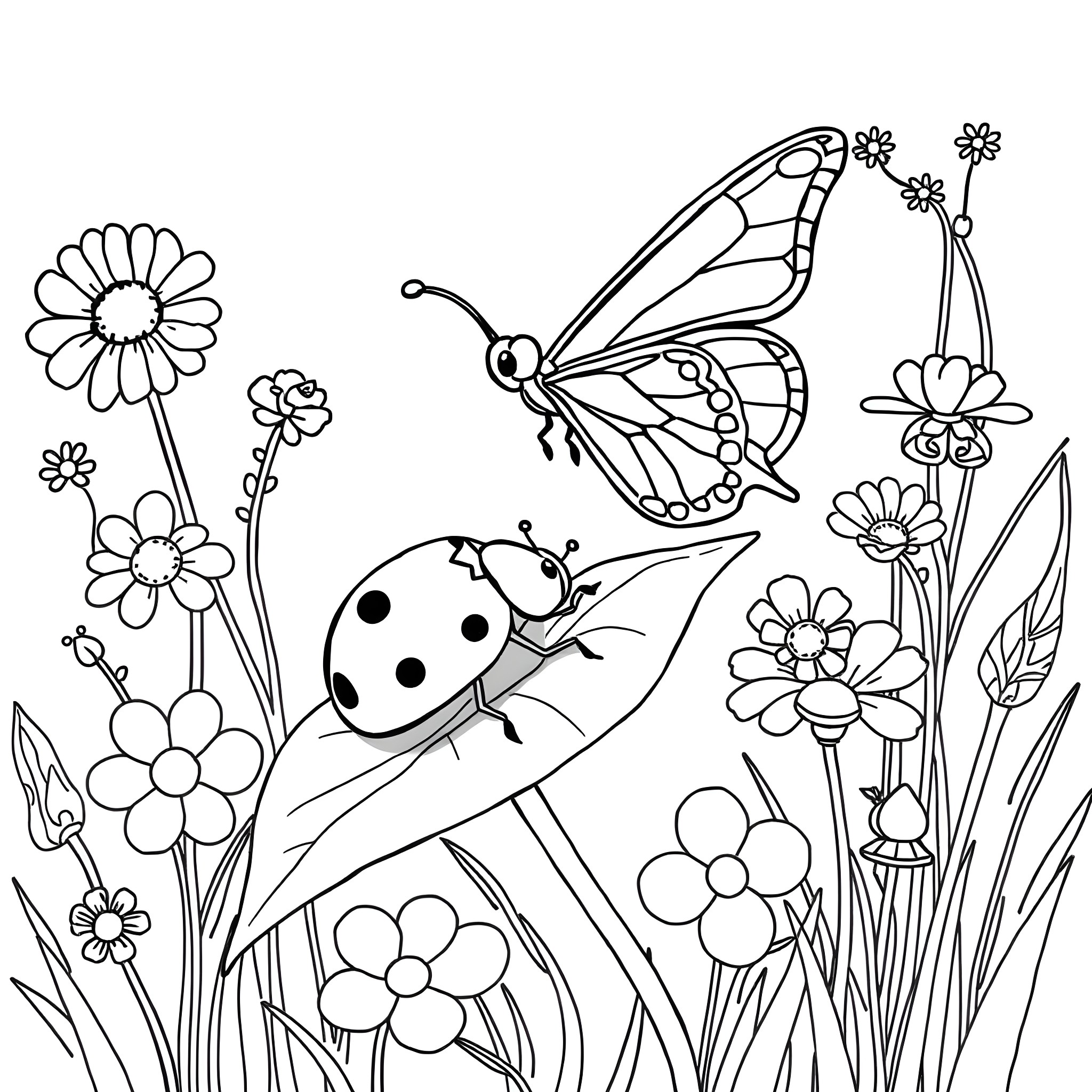 Butterfly among flowers and insects in the garden Coloring Page (free black-and-white line drawing printable PDF for all, from beginners to advanced learners, including children, teens, adults, and seniors)