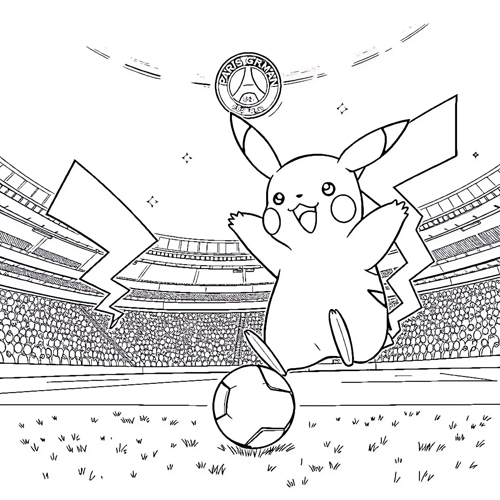 Pikachu playing soccer in a stadium Coloring Page (free black-and-white line drawing printable PDF for all, from beginners to advanced learners, including children, teens, adults, and seniors)