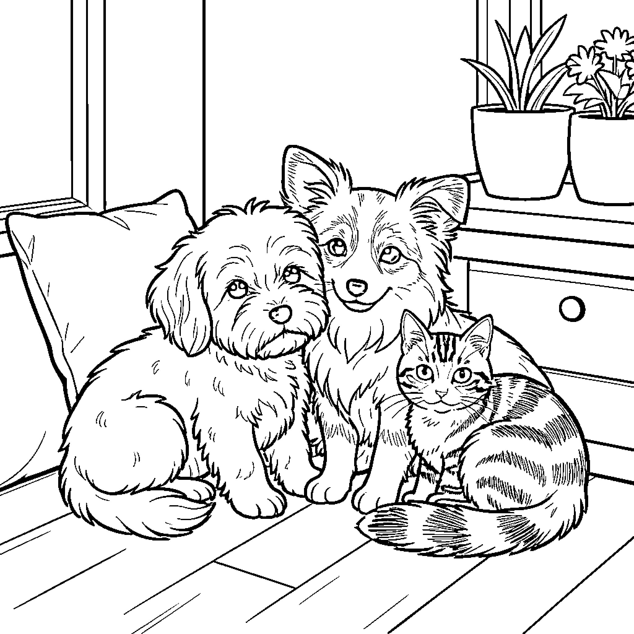 Dog and cat sitting together on a wooden floor Coloring Page (free black-and-white line drawing printable PDF for all, from beginners to advanced learners, including children, teens, adults, and seniors)