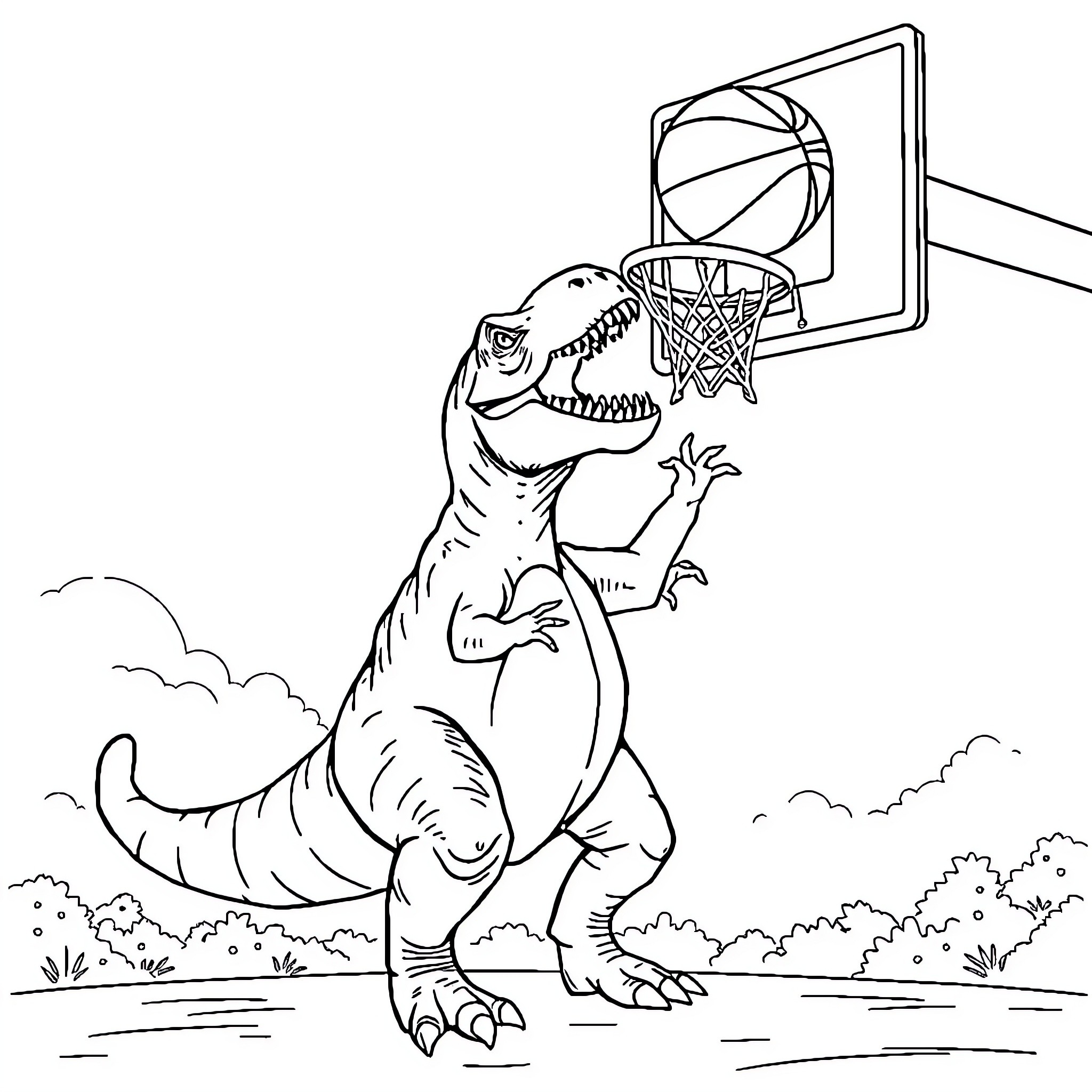 T-Rex playing basketball in the park Coloring Page (free black-and-white line drawing printable PDF for all, from beginners to advanced learners, including children, teens, adults, and seniors)
