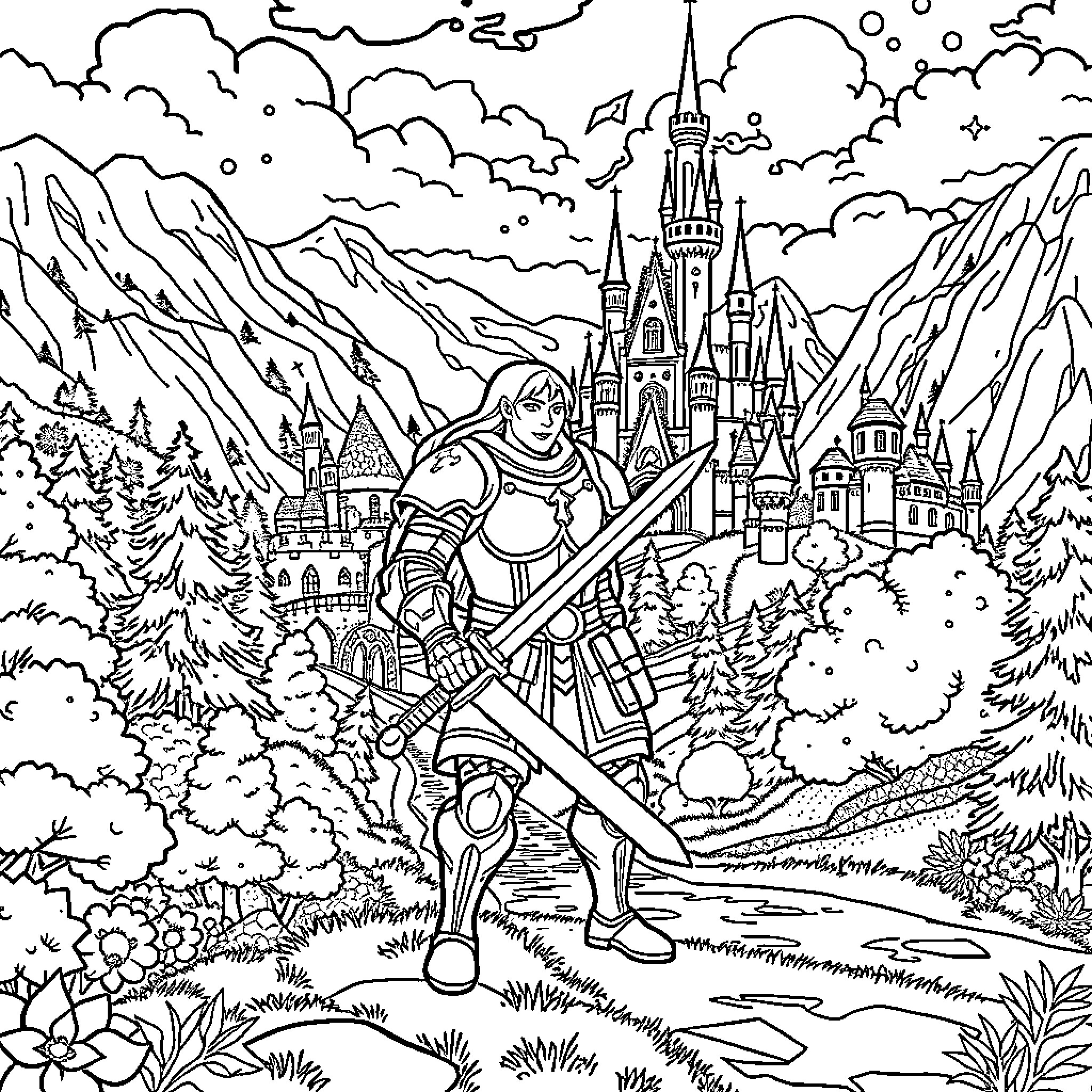 Runescape Character Exploring a Fantastical Landscape Coloring Page (free black-and-white line drawing printable PDF for all, from beginners to advanced learners, including children, teens, adults, and seniors)