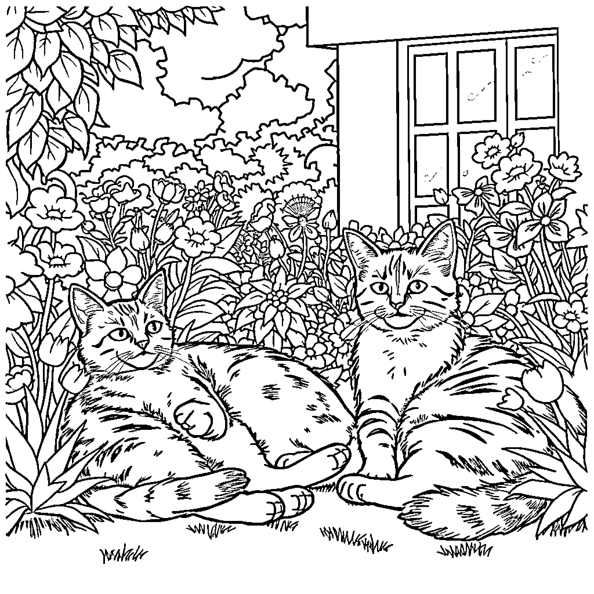 Cats in the Lush Garden Coloring Page (free black-and-white line drawing printable PDF for all, from beginners to advanced learners, including children, teens, adults, and seniors)