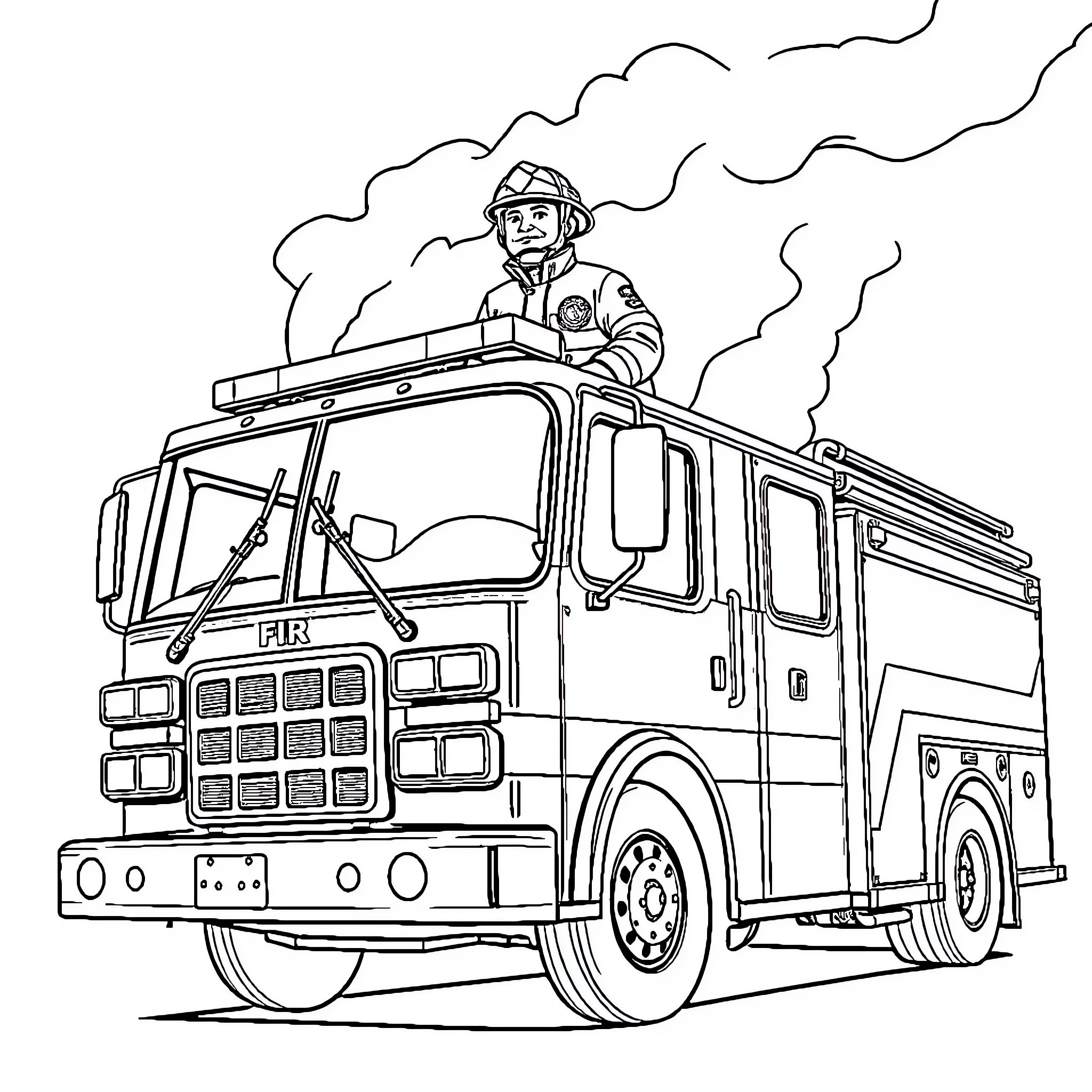 Fireman operating fire engine during emergency response Coloring Page (free black-and-white line drawing printable PDF for all, from beginners to advanced learners, including children, teens, adults, and seniors)