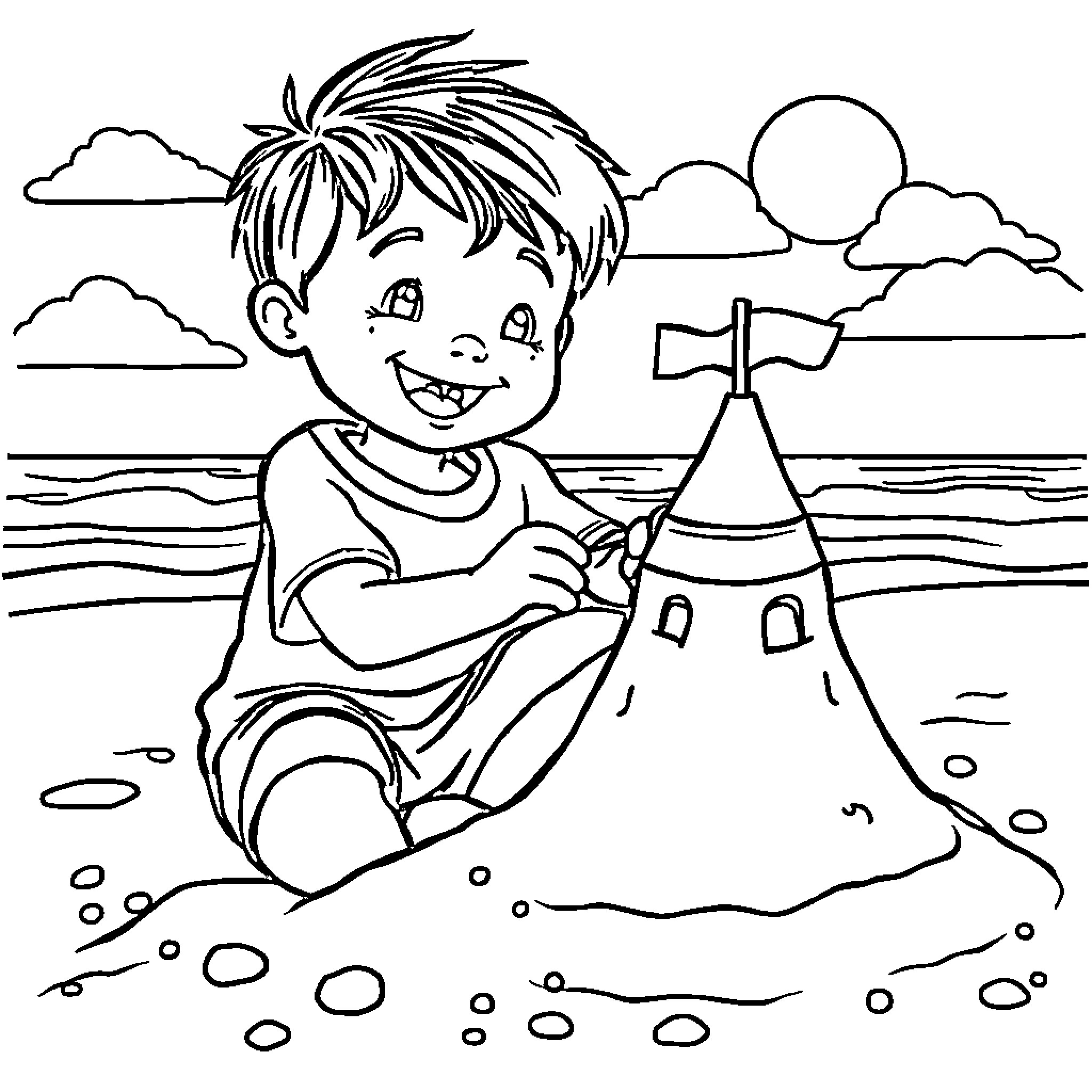 Kid building sand castle on the beach Coloring Page (free black-and-white line drawing printable PDF for all, from beginners to advanced learners, including children, teens, adults, and seniors)
