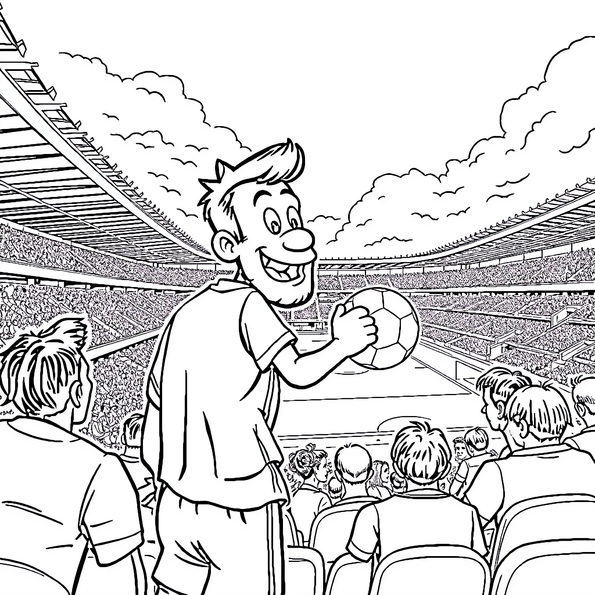 Homer Celebrates Victory at the Soccer Stadium Coloring Page (free black-and-white line drawing printable PDF for all, from beginners to advanced learners, including children, teens, adults, and seniors)