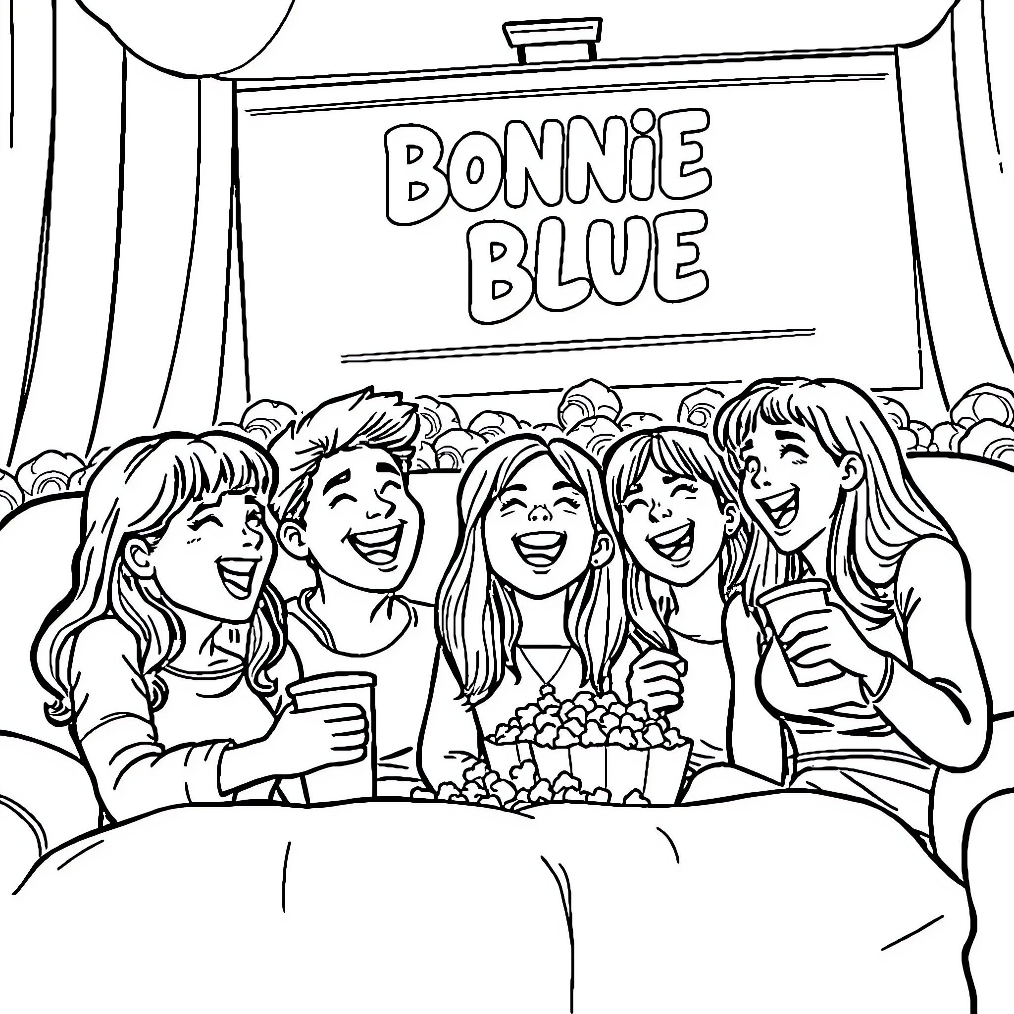 Bonnie Blue friends enjoying movie theater Coloring Page (free black-and-white line drawing printable PDF for all, from beginners to advanced learners, including children, teens, adults, and seniors)