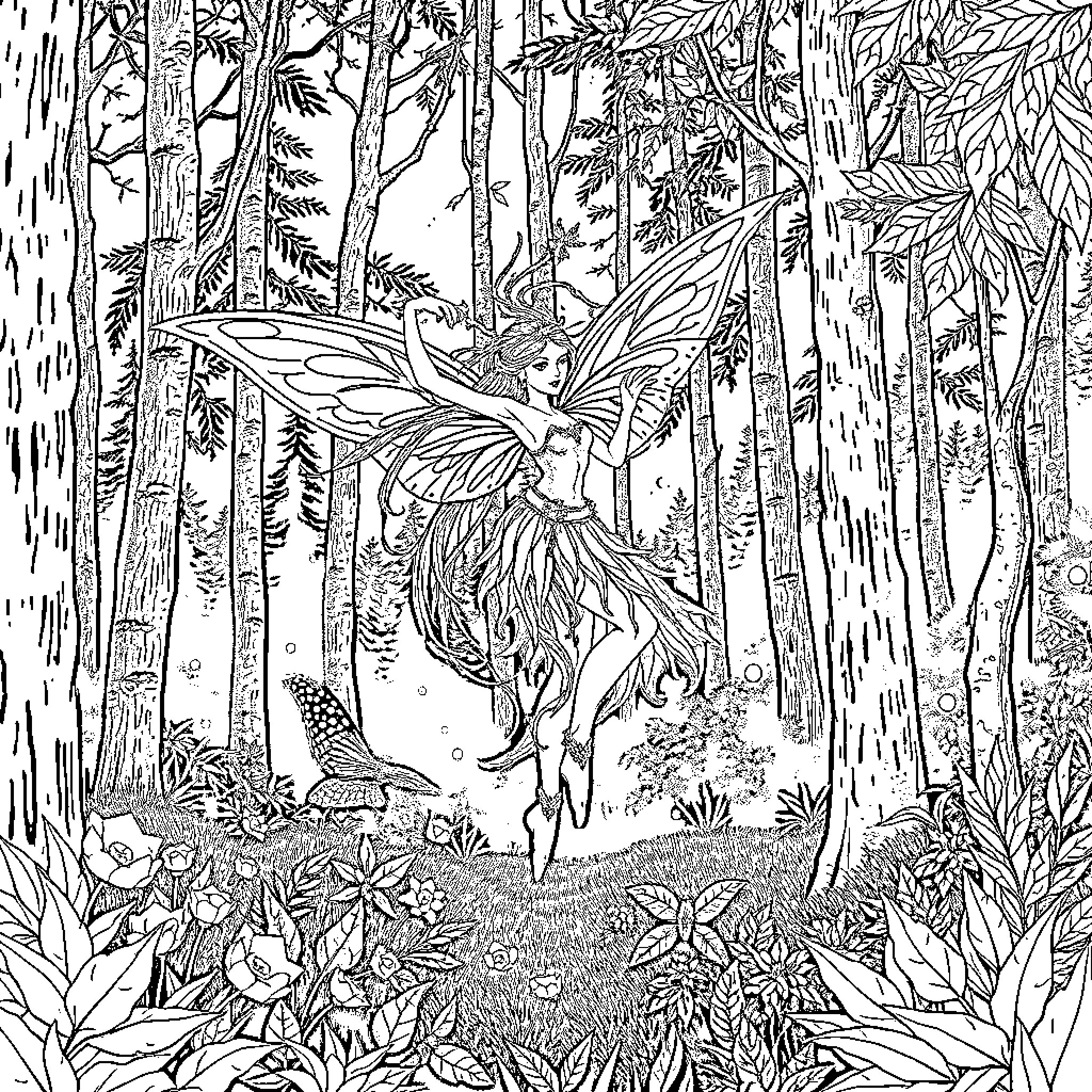 Fairy dancing gracefully in a lush forest Coloring Page (free black-and-white line drawing printable PDF for all, from beginners to advanced learners, including children, teens, adults, and seniors)