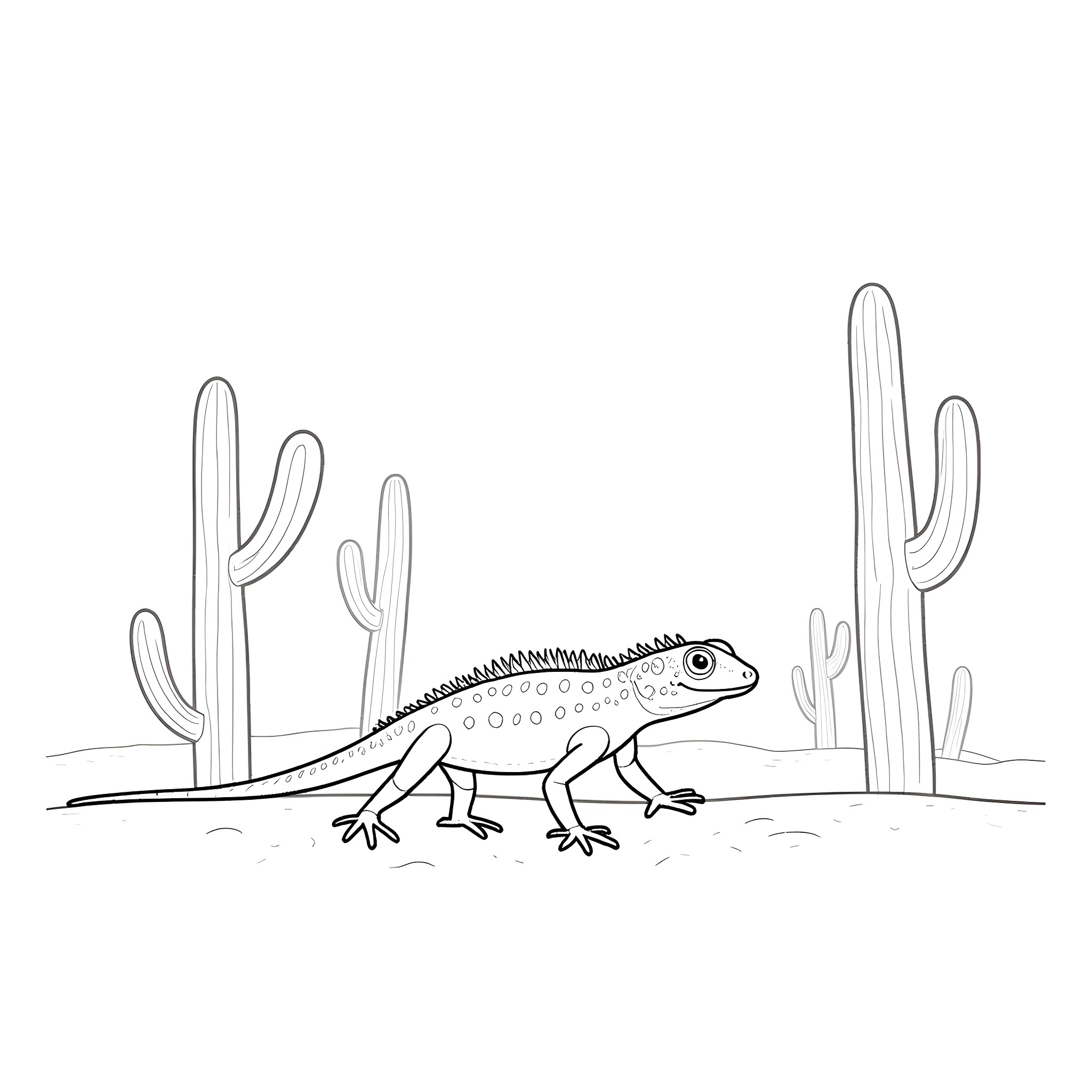 Lizard roaming through desert cactus landscape Coloring Page (free black-and-white line drawing printable PDF for all, from beginners to advanced learners, including children, teens, adults, and seniors)