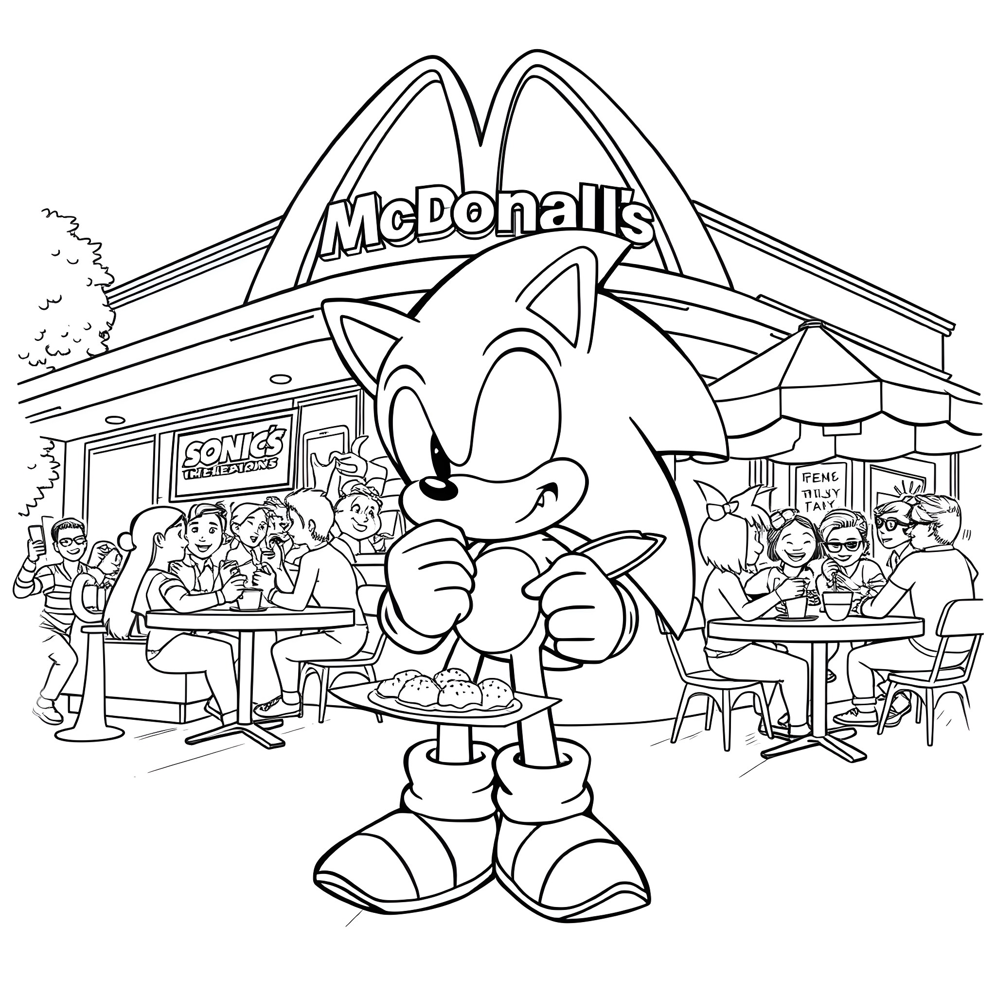 Sonic visiting a lively McDonald's restaurant Coloring Page (free black-and-white line drawing printable PDF for all, from beginners to advanced learners, including children, teens, adults, and seniors)