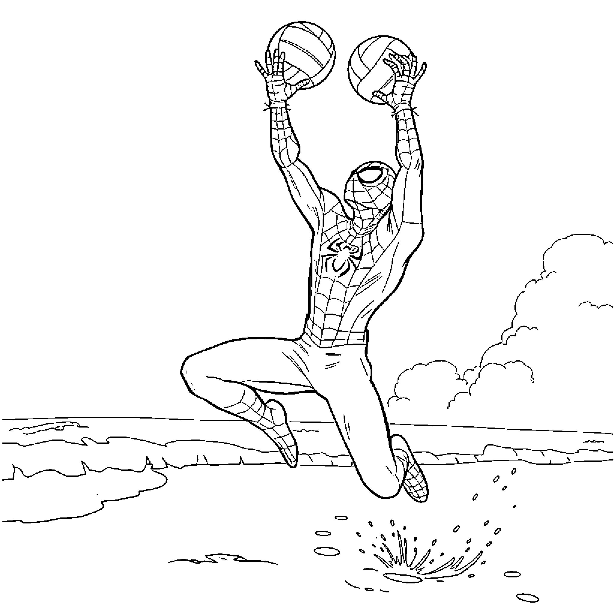 Spiderman leaping into action against foes Coloring Page (free black-and-white line drawing printable PDF for all, from beginners to advanced learners, including children, teens, adults, and seniors)