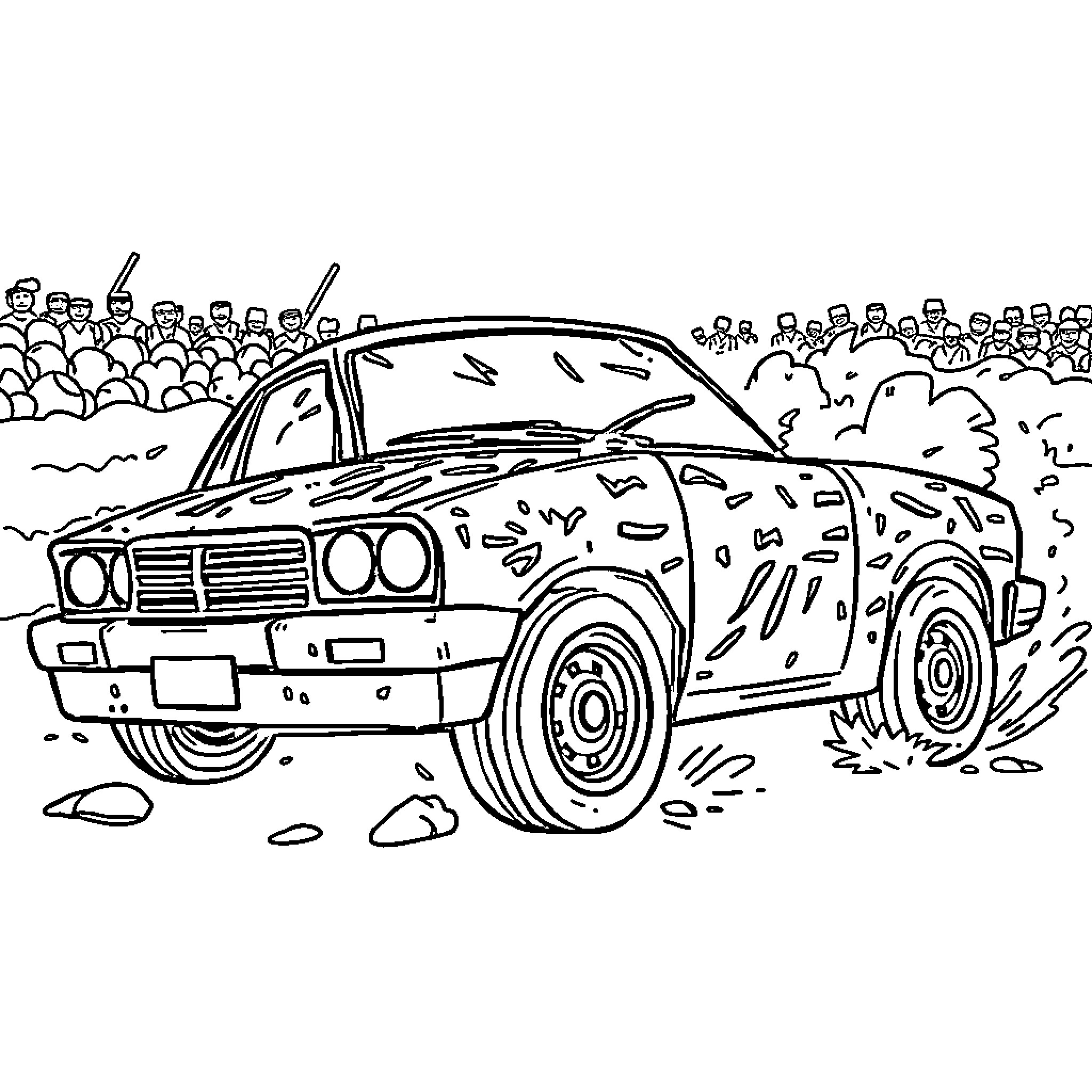 Demolition Derby Car Crashing Through the Crowd Coloring Page (free black-and-white line drawing printable PDF for all, from beginners to advanced learners, including children, teens, adults, and seniors)