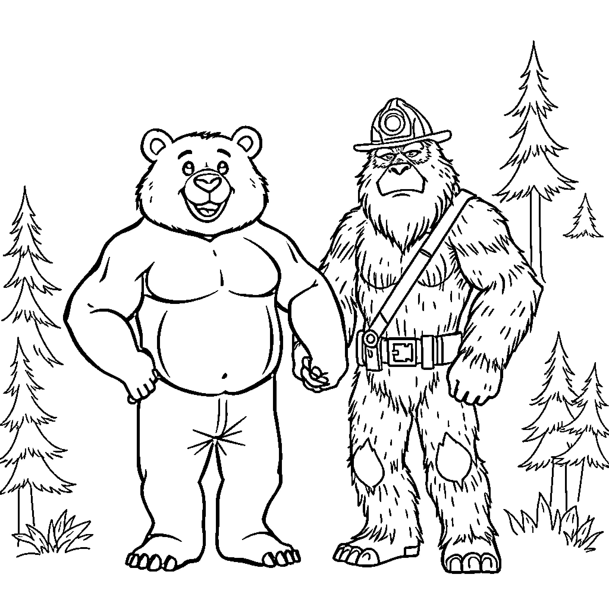 Bear Firefighters in the Forest Coloring Page (free black-and-white line drawing printable PDF for all, from beginners to advanced learners, including children, teens, adults, and seniors)