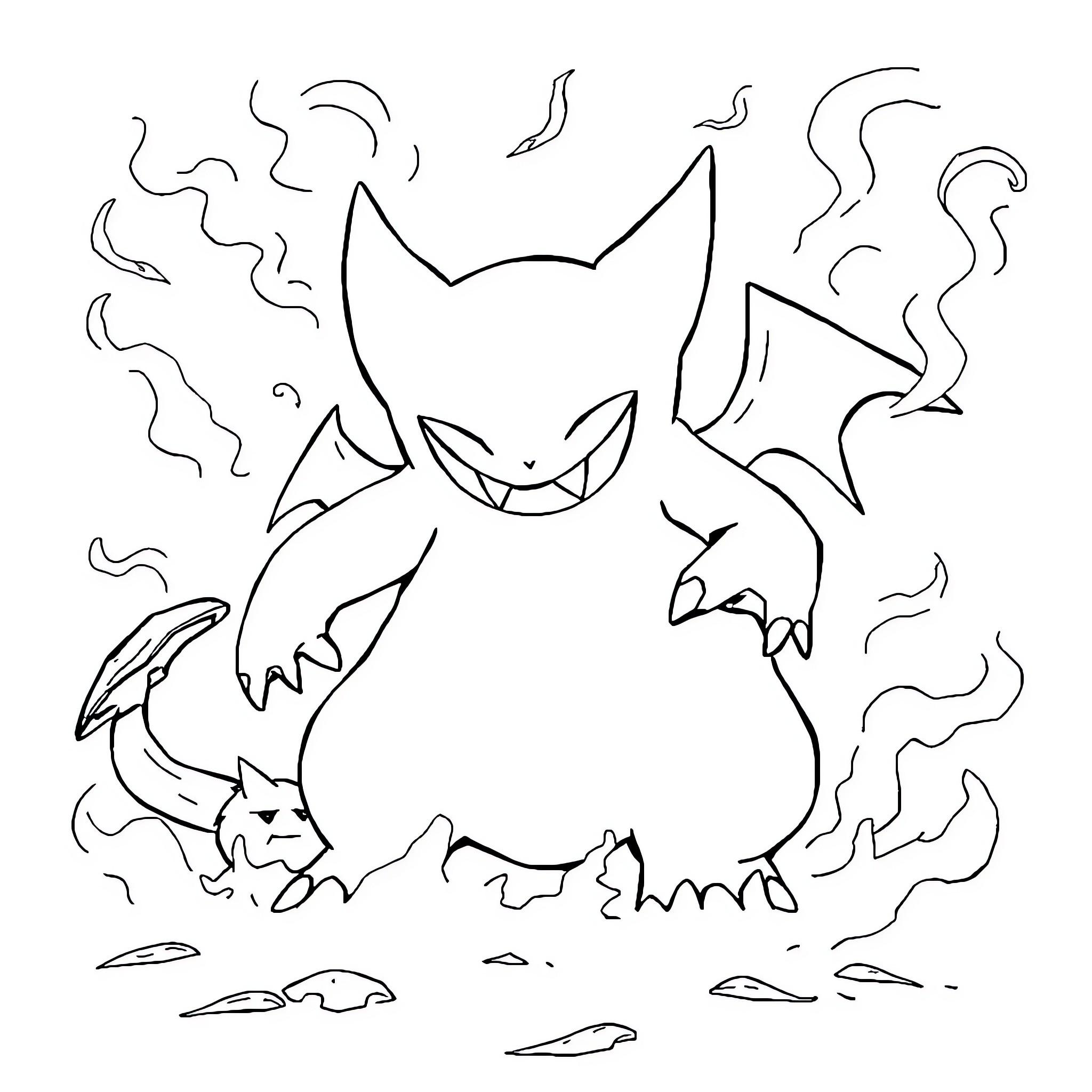 Gengar unleashing ghostly energy Coloring Page (free black-and-white line drawing printable PDF for all, from beginners to advanced learners, including children, teens, adults, and seniors)