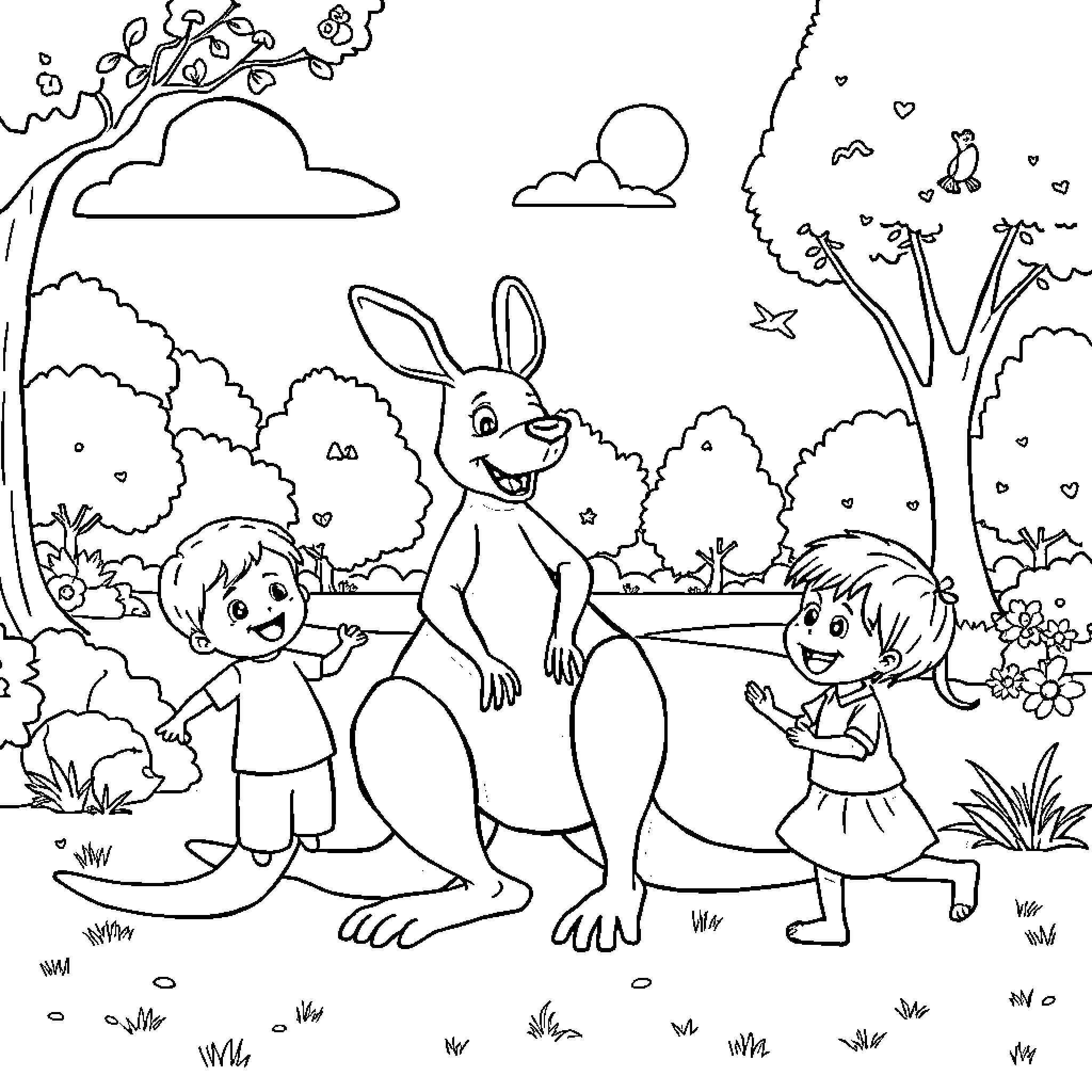 Kangaroo playing happily with children in the park Coloring Page (free black-and-white line drawing printable PDF for all, from beginners to advanced learners, including children, teens, adults, and seniors)