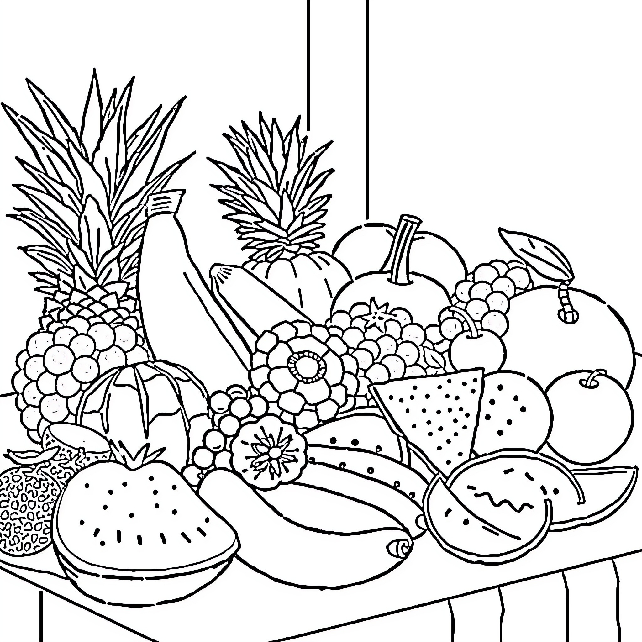 Fruit Arranged in a Still Life Coloring Page (free black-and-white line drawing printable PDF for all, from beginners to advanced learners, including children, teens, adults, and seniors)