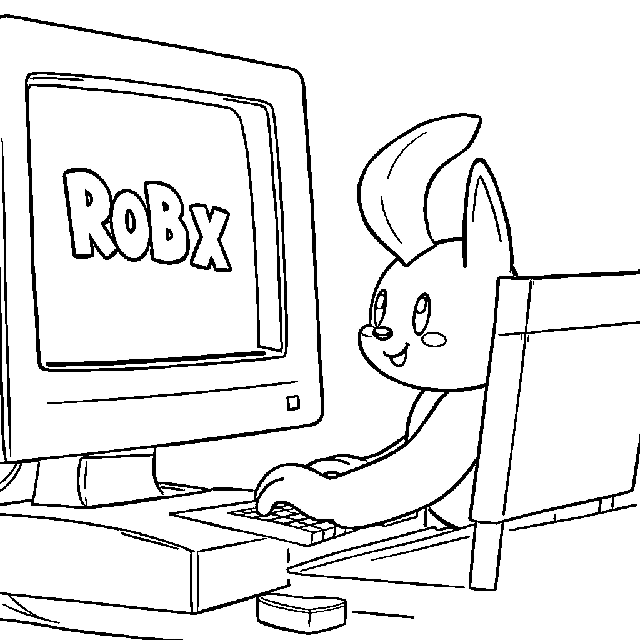 Sprunki playing happily on computer Coloring Page (free black-and-white line drawing printable PDF for all, from beginners to advanced learners, including children, teens, adults, and seniors)