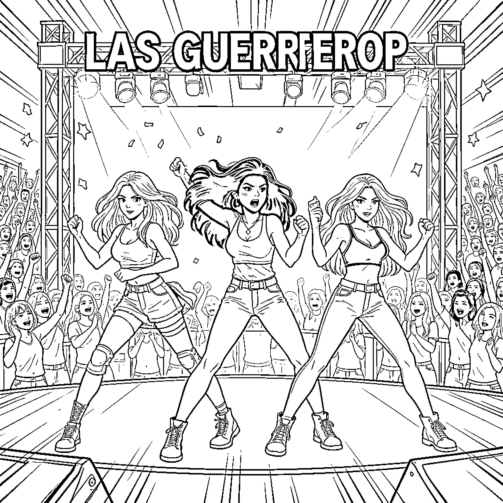 K-Pop Warriors Performing on Stage with Energy Coloring Page (free black-and-white line drawing printable PDF for all, from beginners to advanced learners, including children, teens, adults, and seniors)