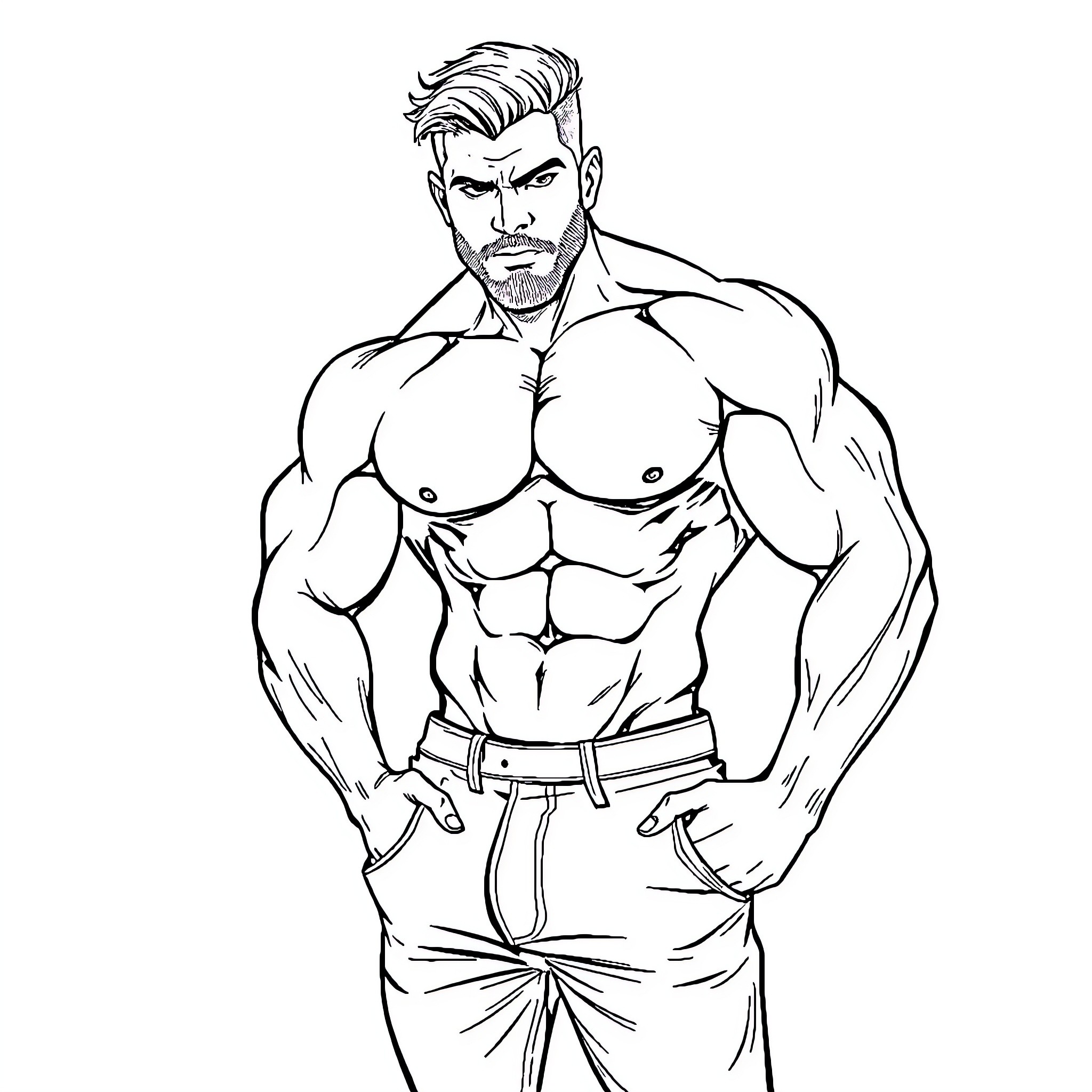 Boyfriend working out with muscular physique Coloring Page (free black-and-white line drawing printable PDF for all, from beginners to advanced learners, including children, teens, adults, and seniors)