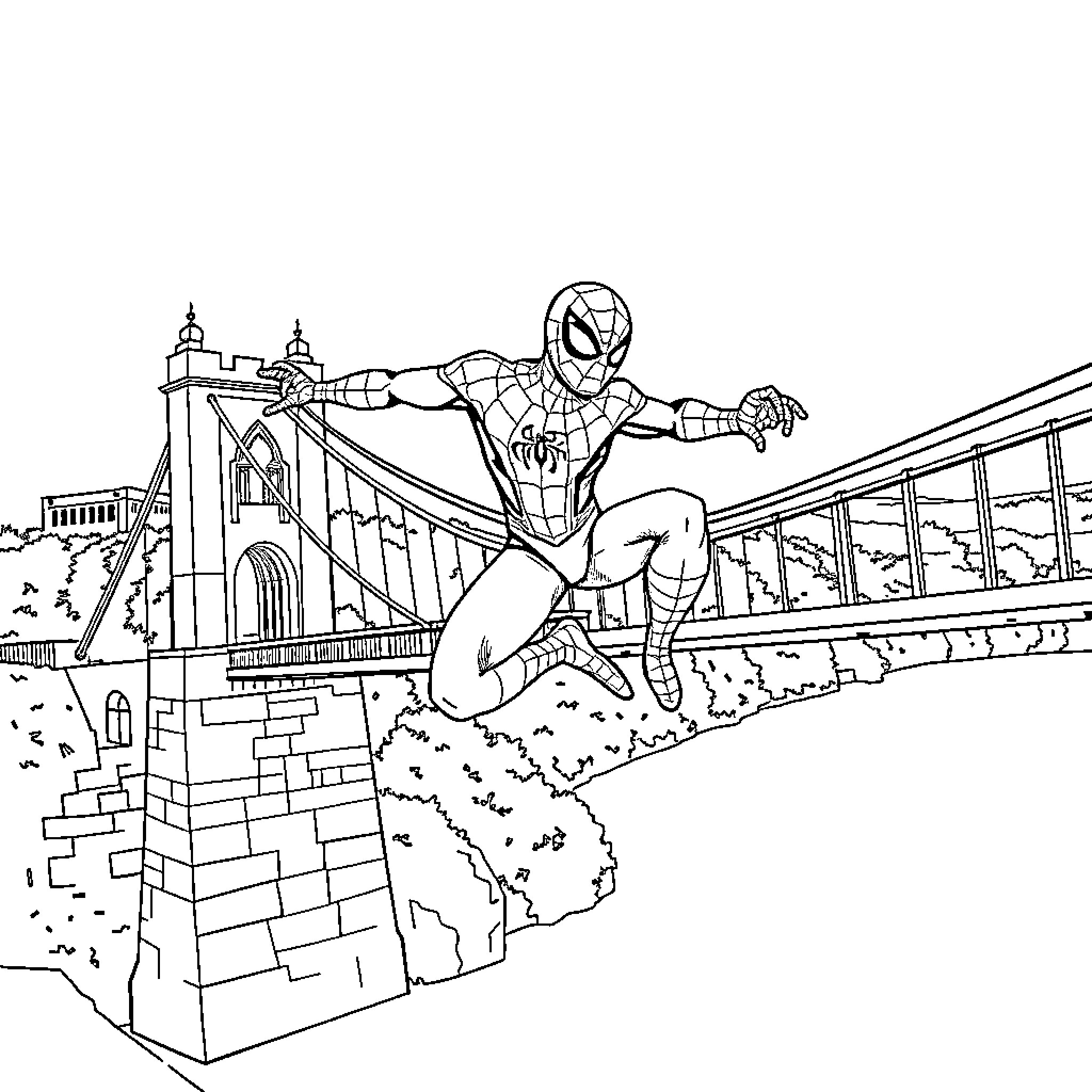 Spider-Man swinging through the city Coloring Page (free black-and-white line drawing printable PDF for all, from beginners to advanced learners, including children, teens, adults, and seniors)