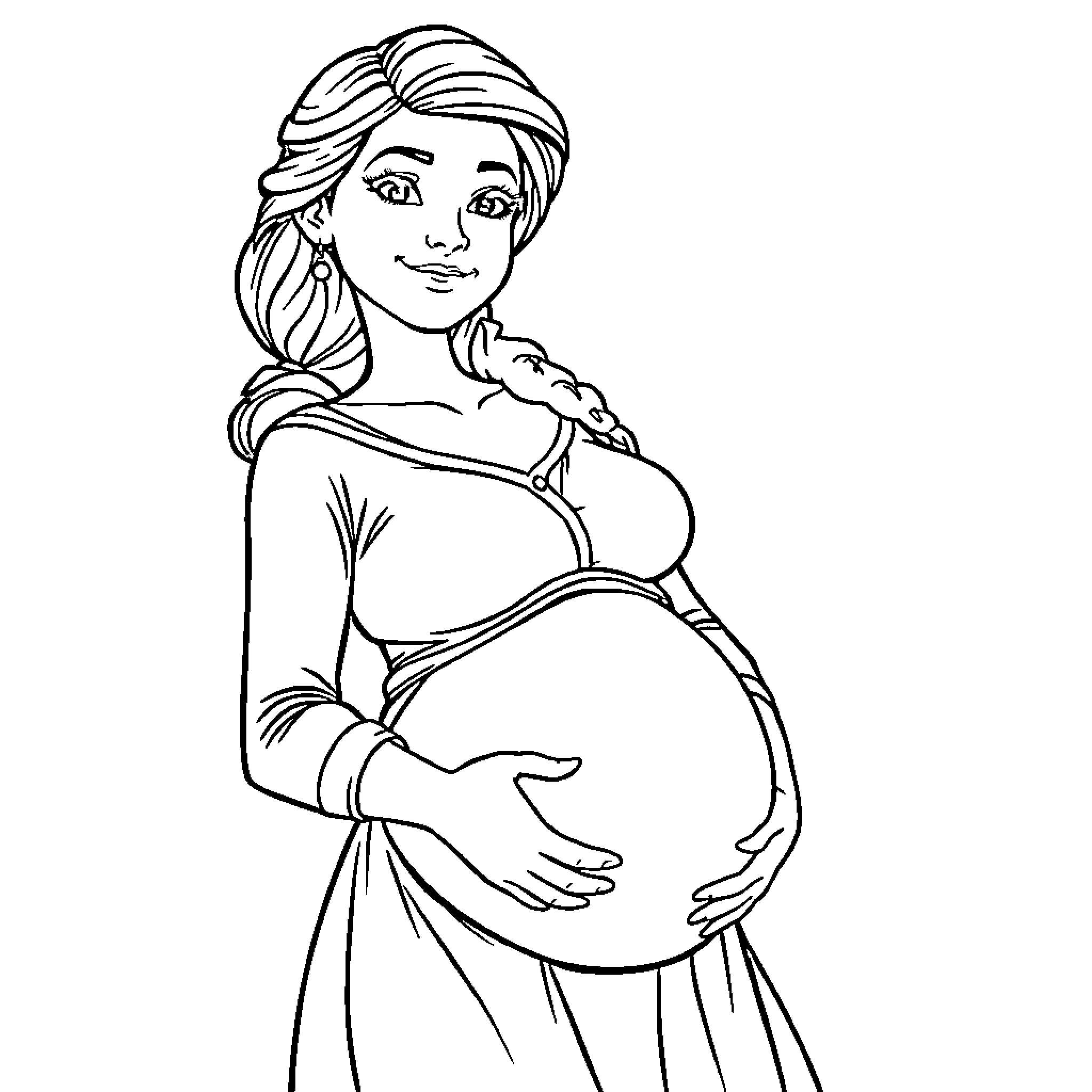 Anna's Joyful Maternity Moment Coloring Page (free black-and-white line drawing printable PDF for all, from beginners to advanced learners, including children, teens, adults, and seniors)