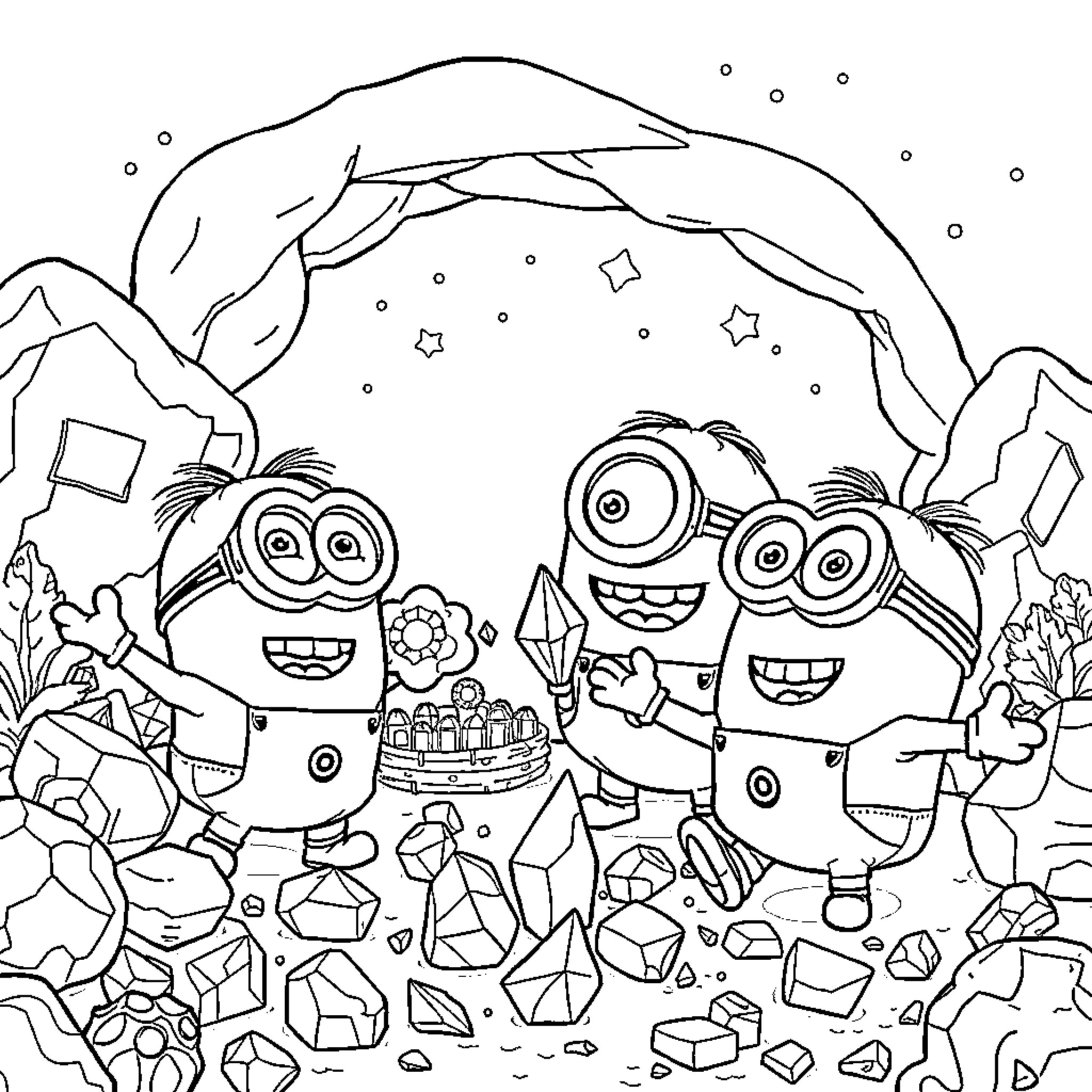 Minions exploring a magical crystal cave Coloring Page (free black-and-white line drawing printable PDF for all, from beginners to advanced learners, including children, teens, adults, and seniors)