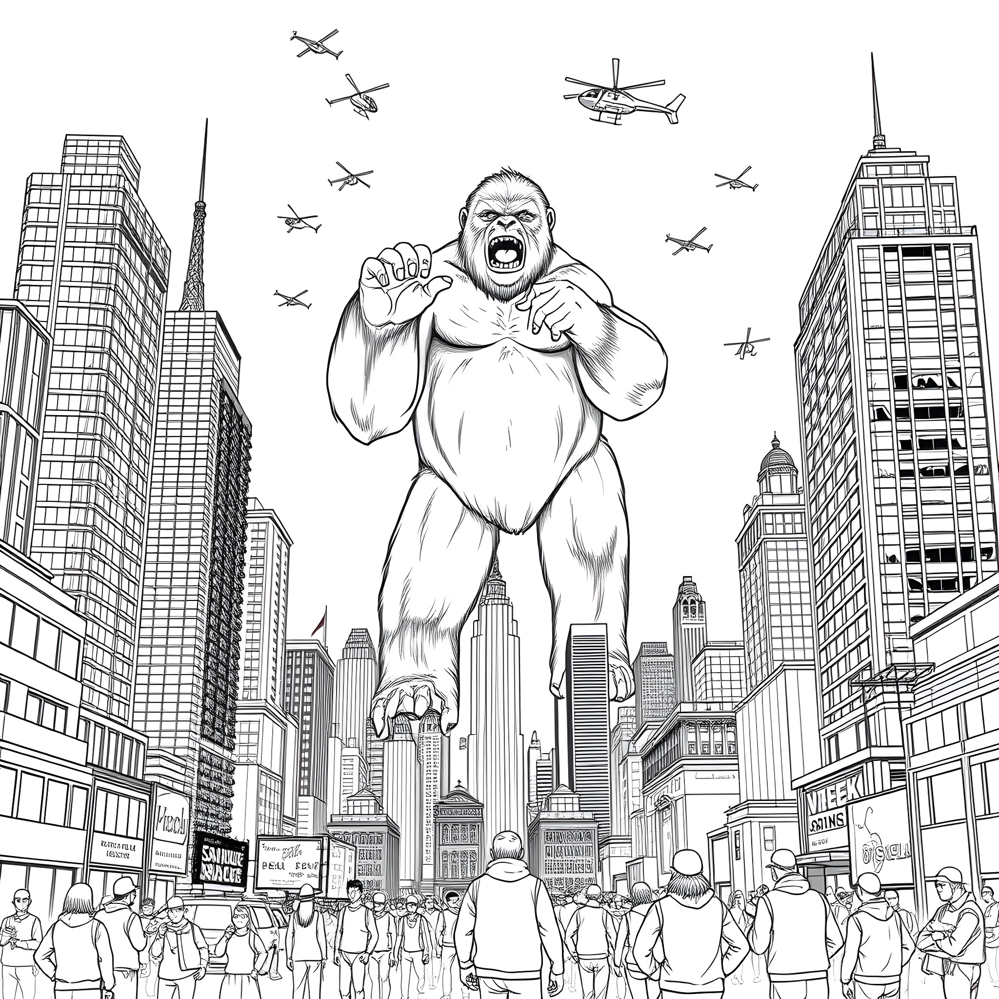 King Kong rampaging through a modern city Coloring Page (free black-and-white line drawing printable PDF for all, from beginners to advanced learners, including children, teens, adults, and seniors)