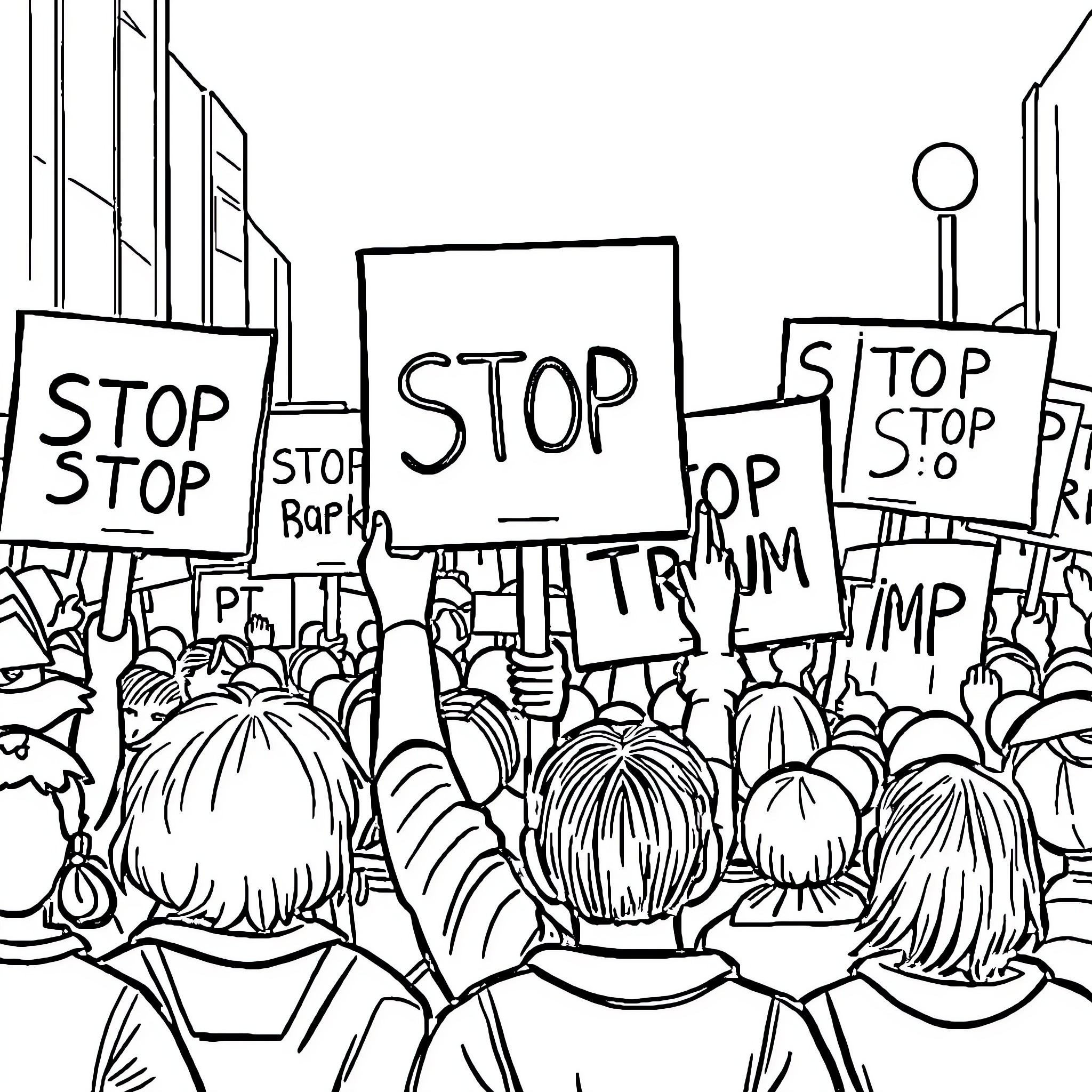 Trump supporters protest with stop signs Coloring Page (free black-and-white line drawing printable PDF for all, from beginners to advanced learners, including children, teens, adults, and seniors)